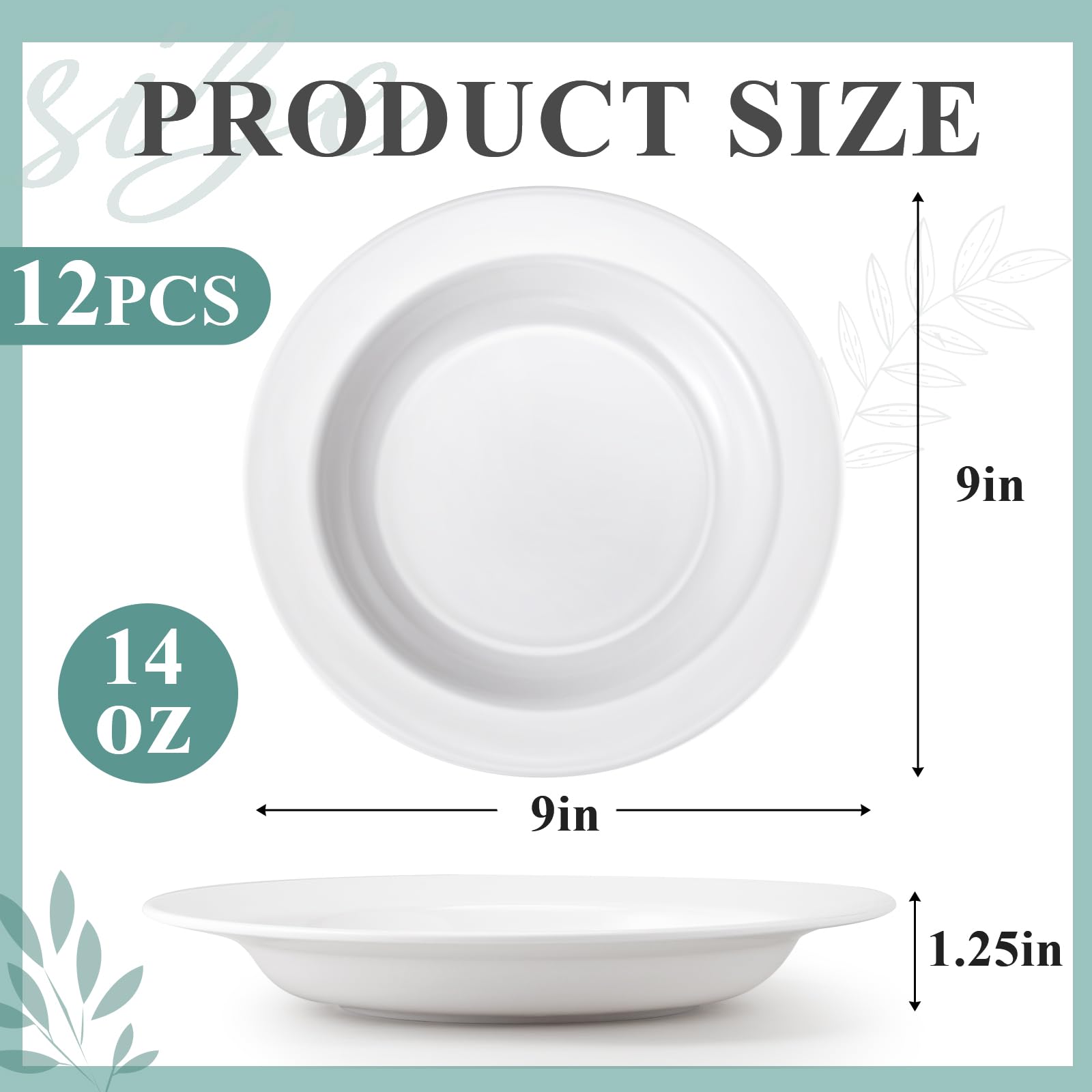 12-Piece 14 oz Pasta Bowls Set - 9 Inch Wide Rim Deep Soup & Salad Plates - White Durable Dinnerware - Microwave, Dishwasher & Fridge Safe - Perfect for Family Meals, Entertaining & Gift Giving