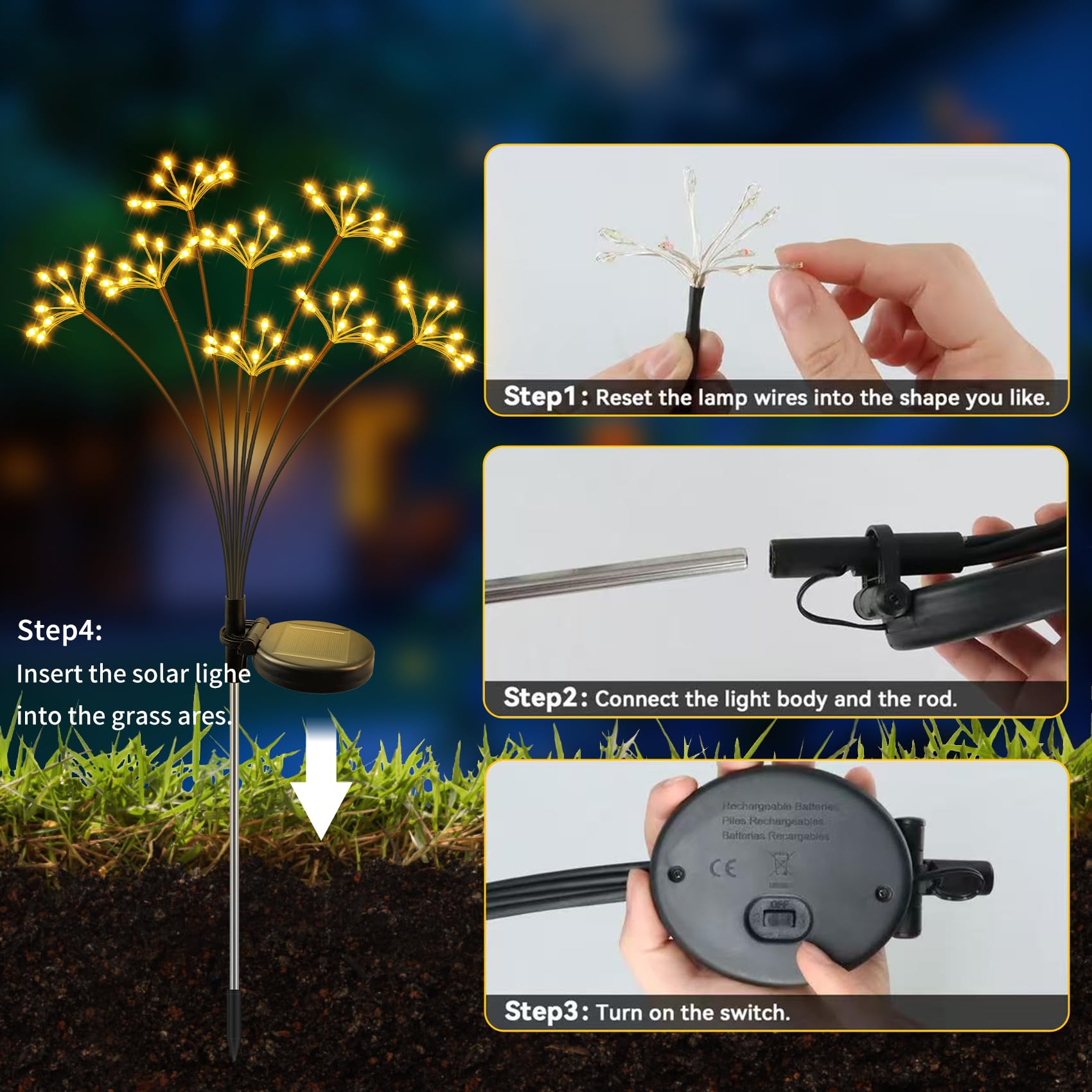 2 Pack Waterproof Solar Swaying Starburst Lights - Outdoor Solar Garden Lights for Yard, Patio, Pathway - Warm White LED Firework Decor for Landscape & Nighttime Ambience
