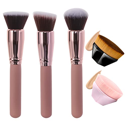 5-Piece Multifunctional Foundation Brush Set - Kabuki, Liquid, Buffing & Stippling Brushes for Flawless Makeup Application | Travel-Friendly Cosmetic Brush Kit for Women | Perfect for Liquid Foundation, Cream Blending & Everyday Makeup Routine