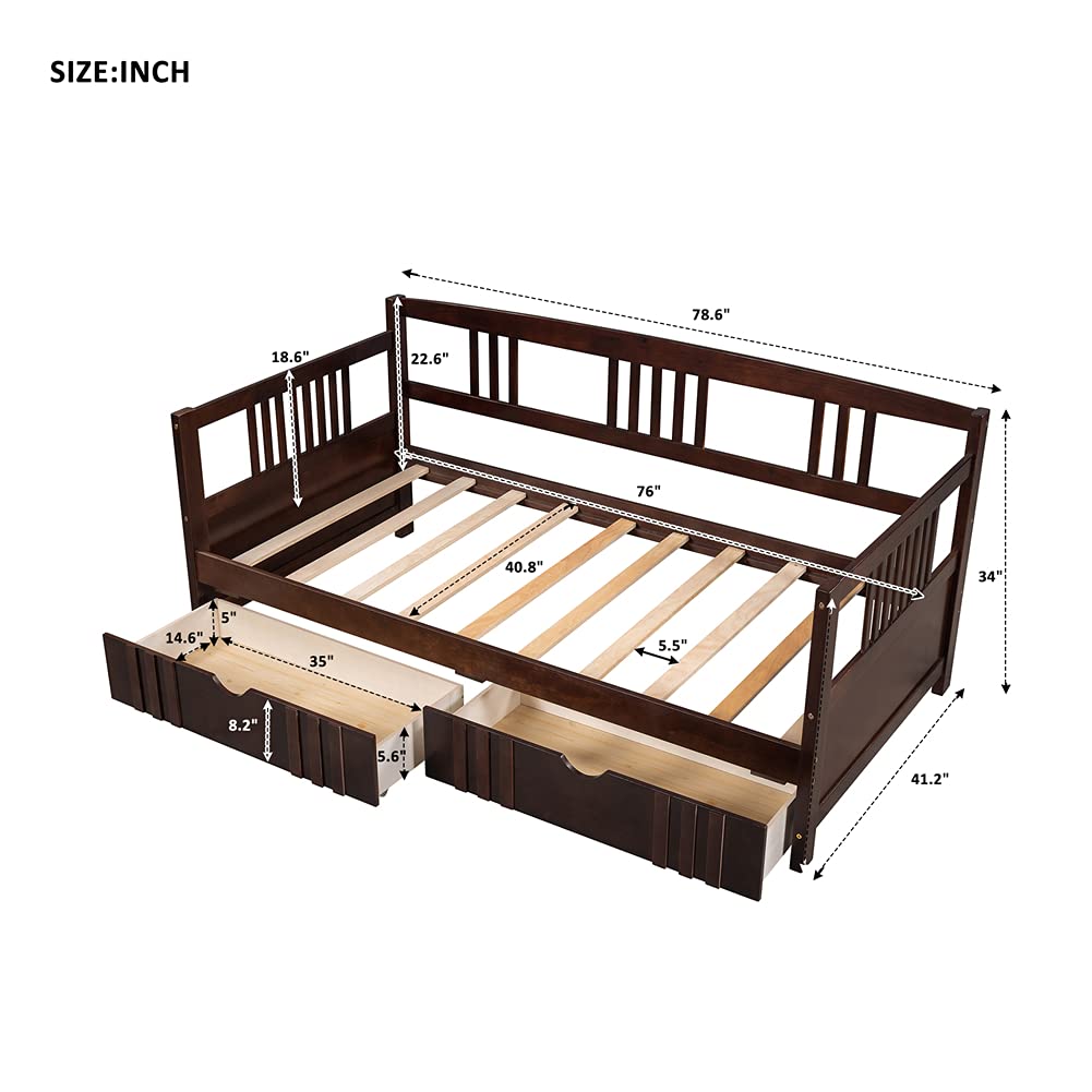 **Kids Daybed Sofa Bed with Pull-Out Storage Drawers & Wheels - Twin Size Pinewood Frame with Guardrails & Wood Slats (Espresso) - Perfect for Small Spaces, Guest Rooms & Kids' Bedrooms**