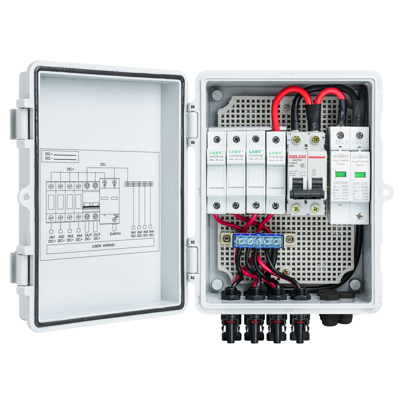 Briidea 4 String Solar Combiner Box with 10A Circuit Breakers & Lightning Arrester - IP65 Waterproof PV Combiner Box for Solar Panel Systems - Perfect for Home, RV & Off-Grid Solar Power Applications