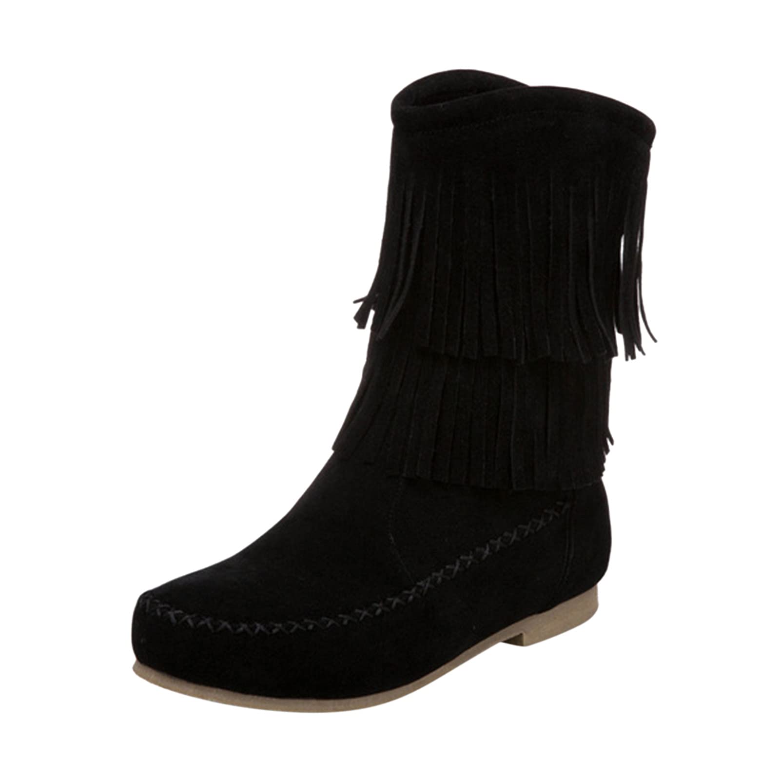 Women's Retro Suede Fringe Ankle Boots - Round Toe Slip On Platform Booties with Buckle Detail | Roman Winter Walking Shoes for Casual Outfits & Cold Weather Fashion