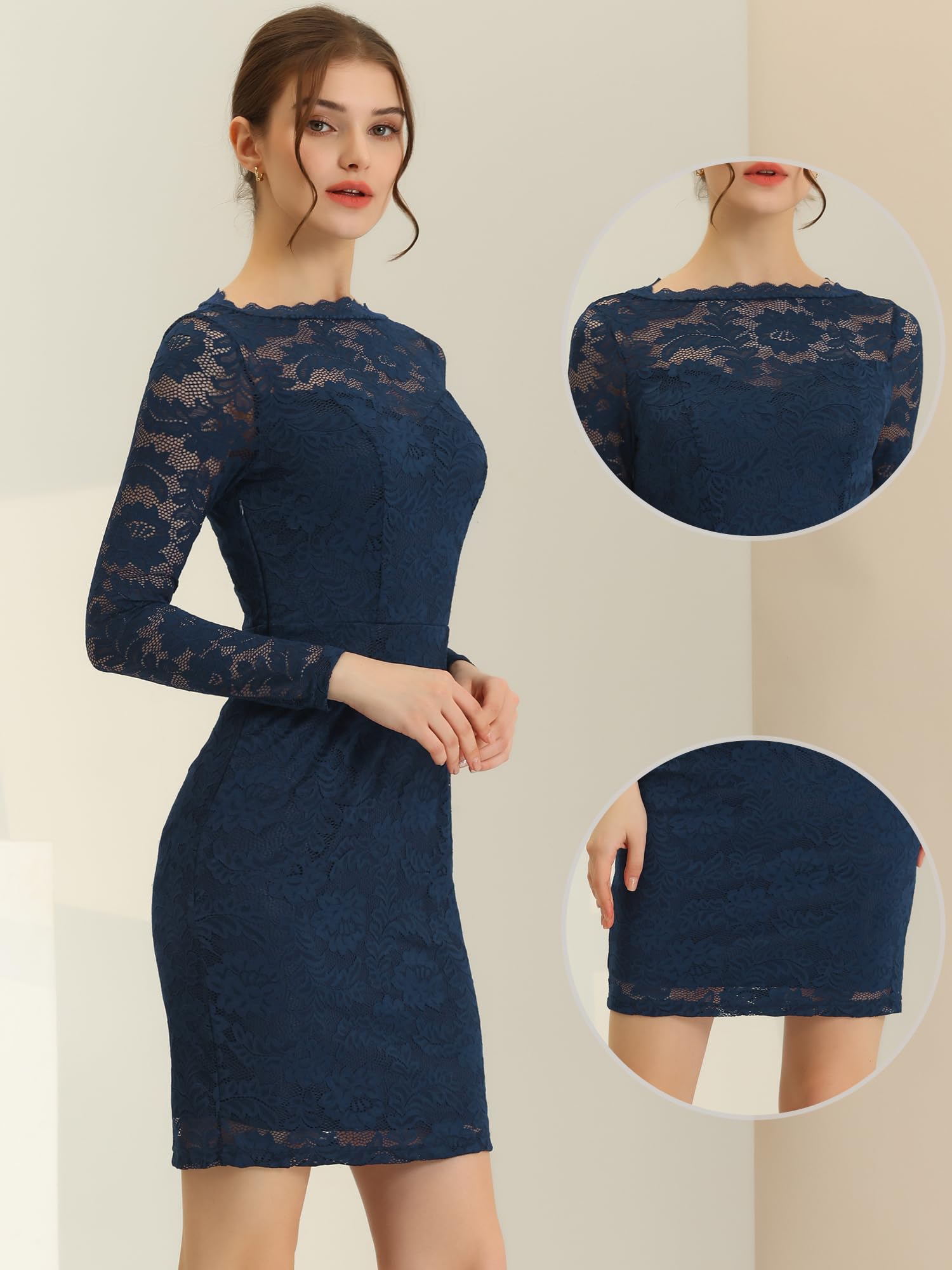 Allegra K Women's Elegant Floral Lace Cocktail Dress - Boat Neck Bodycon Pencil Dress for Wedding Guest, Business Party & Special Occasions