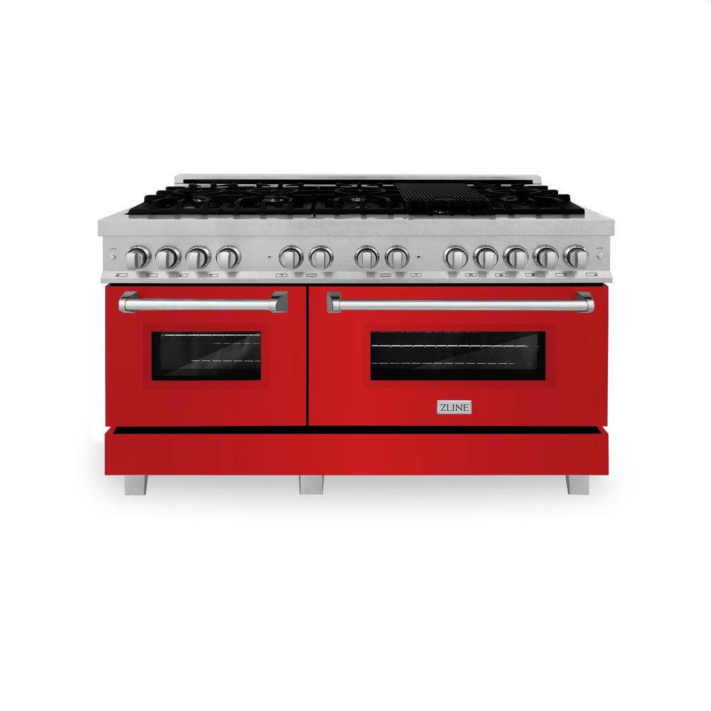 ZLINE 60-Inch 7.4 cu. ft. Dual Fuel Range with 9-Burner Gas Cooktop & 2 Electric Convection Ovens - Satin Stainless Steel with Red Matte Doors (RAS-RM-60) - Perfect for Professional Home Chefs & Modern Kitchens