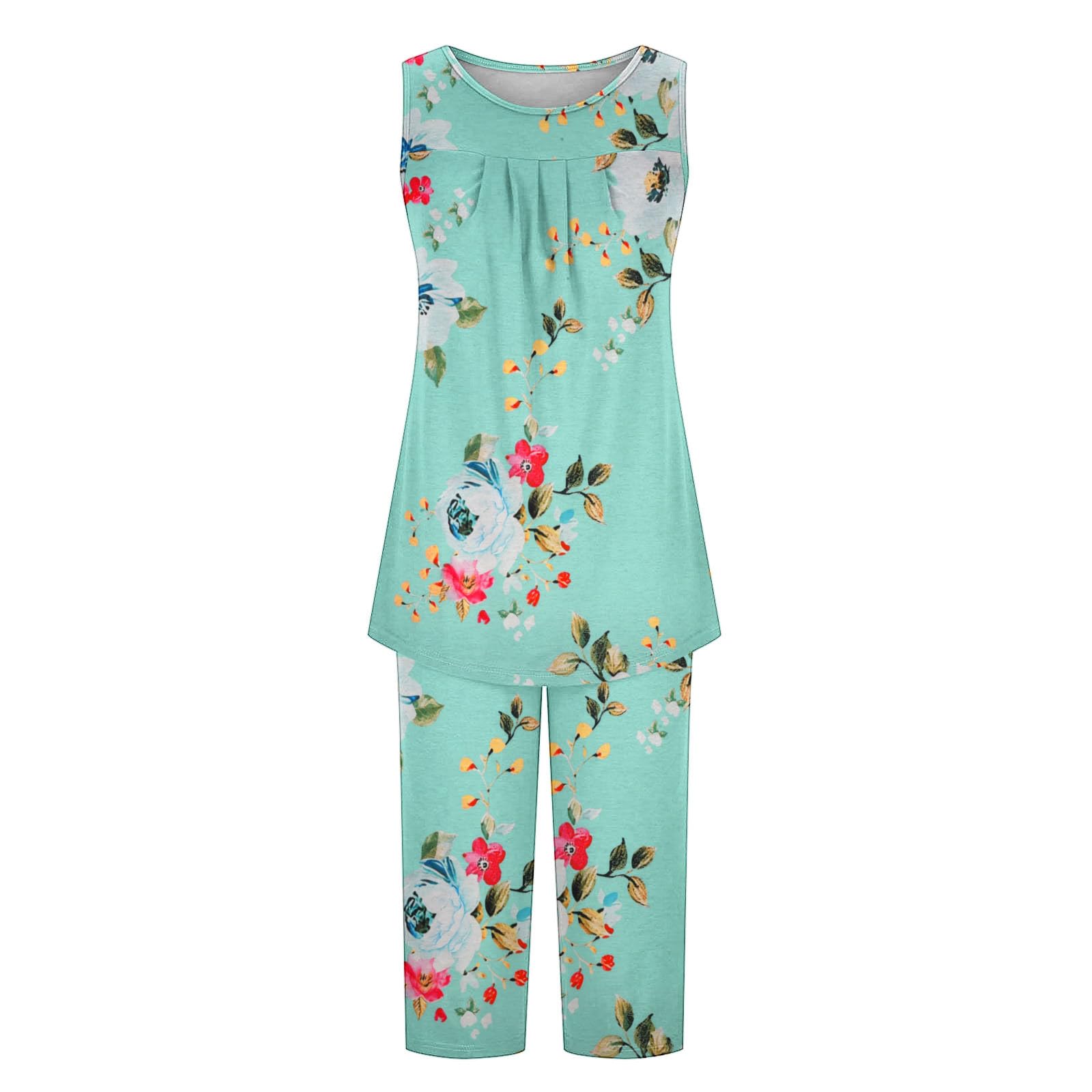 Women's 2-Piece Floral Print Pajama Set - Sleeveless Tank Top & Capri Pants Soft Summer Sleepwear Lounge Wear for Comfortable Night Sleep & Relaxing at Home