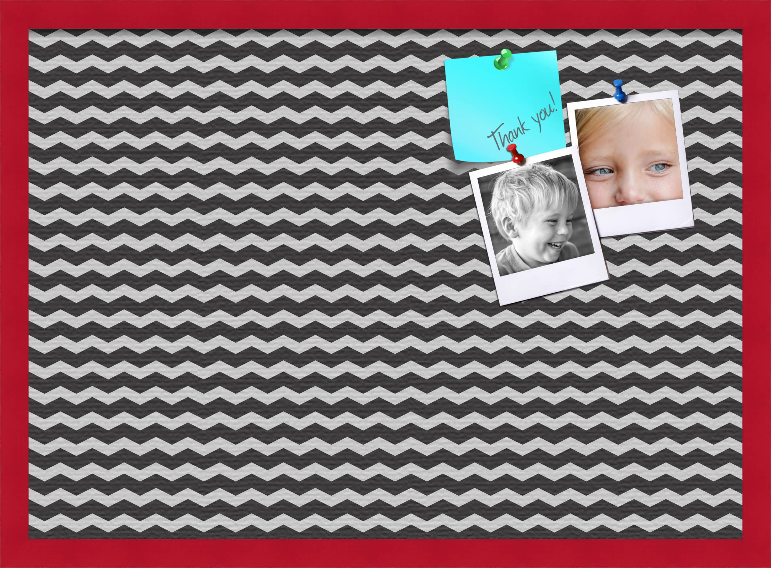PinPix 28x20 Inch Cork Bulletin Board with Black White Chevron Design & Red Beech Frame - Stylish Home Office Decor, Message Board for Wall Organization, Memo Display, and Photo Collage (PinPix-118)
