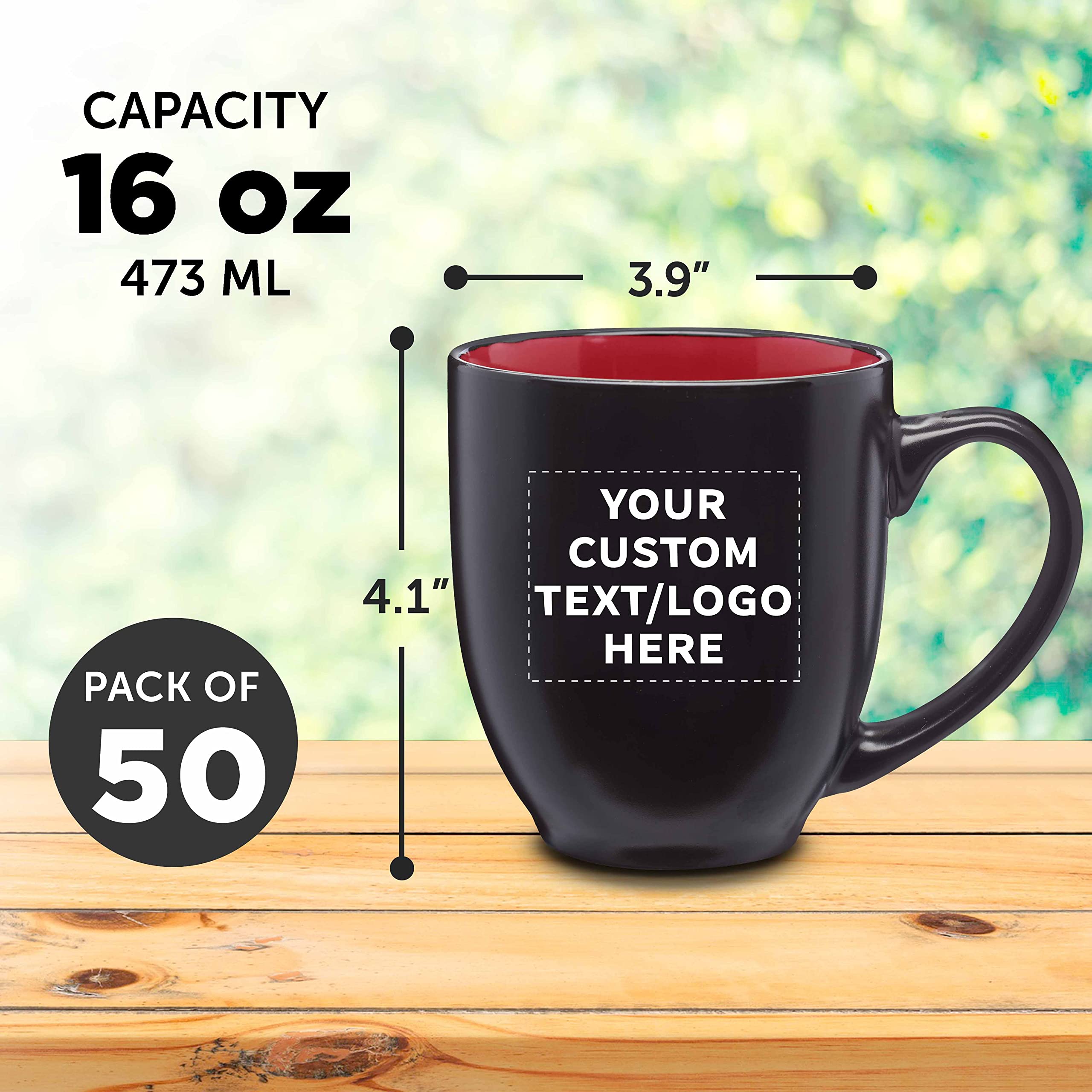 Custom 16 oz Bistro Coffee Mugs Bulk Set of 50 - Personalized Restaurant Mugs for Coffee, Tea & Hot Cocoa - Durable Travel & Commuter Cups - Perfect for Cafes, Offices & Corporate Gifts - Red