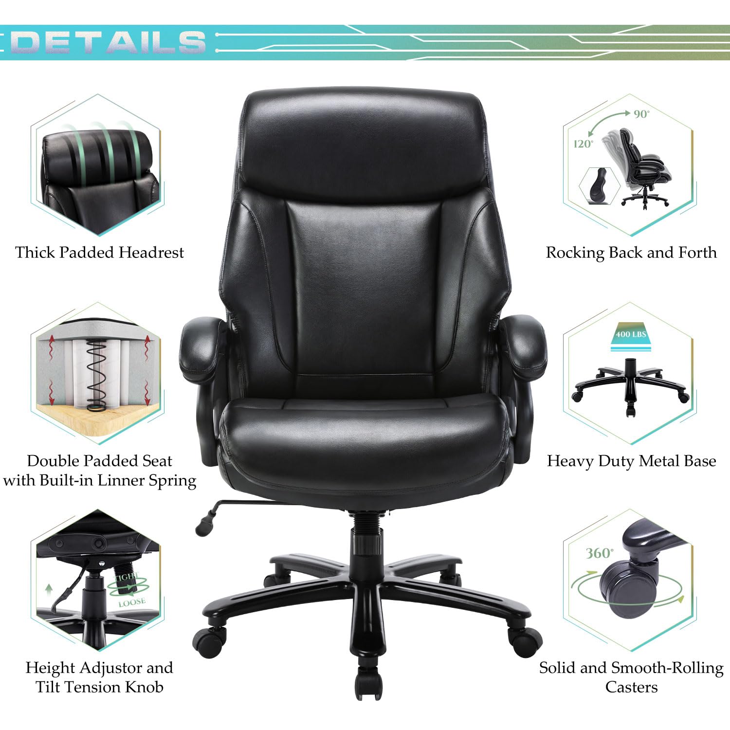 Heavy Duty Big and Tall Office Chair 400lbs - Extra Wide Seat Executive Desk Chair with High Back Ergonomic Support - Leather Computer Chair with Tilt Rock & Tension Control, Padded Armrests - Black - Perfect for Home Office, Gaming, and Long Work Sessions