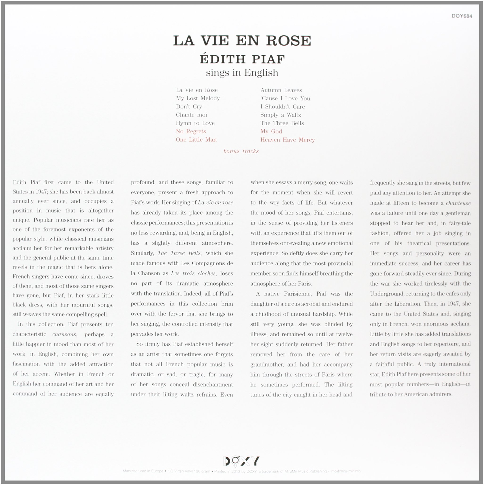 Edith Piaf Sings in English - La Vie en Rose & Classic French Songs CD | Perfect for Romantic Dinners, Paris-Themed Parties & Vintage Music Lovers