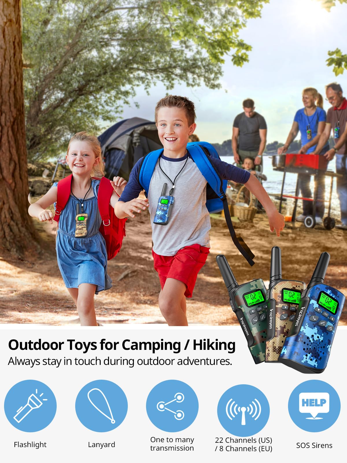 Rechargeable Walkie Talkies for Kids - Long Range 2 Way Radios (4 Pack Camo) - Perfect for Outdoor Camping, Birthday Parties & Easter Basket Gifts - Ideal for Boys & Girls Ages 3-5, 8-12 - Great for Family Adventures, Backyard Games & Emergency Communication