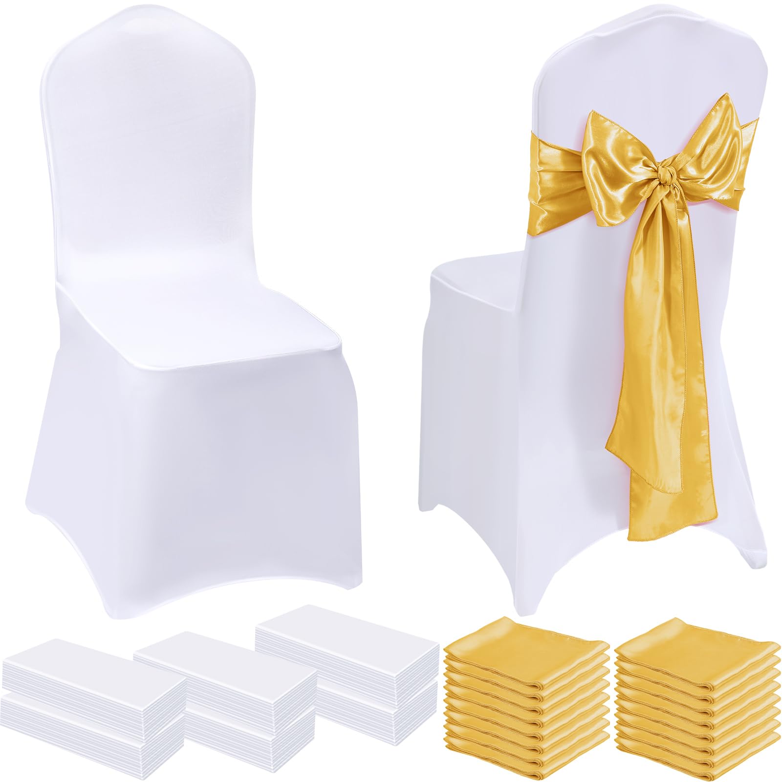 100 Pcs Wedding Chair Covers Set - 50 Stretch Spandex Chair Covers + 50 Decorative Elastic Sashes - Gold & White for Wedding Banquet, Party, Dining Room & Kitchen Decorations - Elegant Chair Bows for Bridal Showers, Receptions & Special Events
