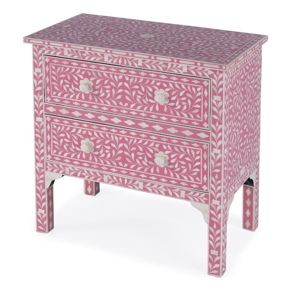 Vintage Pink Bone Inlay Accent Chest - Handcrafted Wooden Storage Cabinet with Floral Design for Bedroom, Living Room & Entryway Decor | Boho Chic Home Furniture