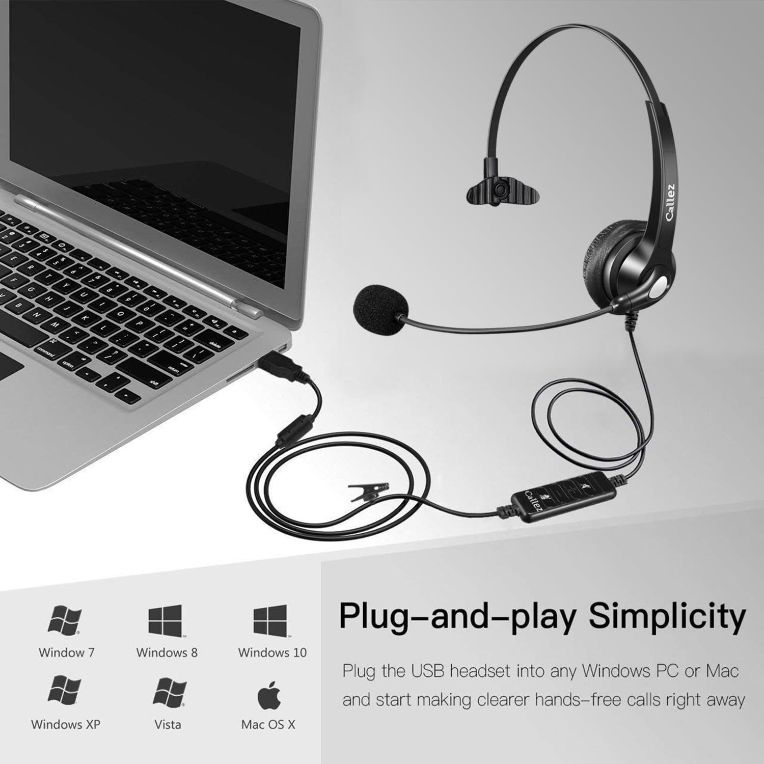 Noise Cancelling USB Headset with Microphone for PC - Wideband Business Headphones with Audio Controls for Skype/Lync/Call Centers (Ultra Comfortable & Lightweight) - Perfect for Office, Remote Work & Online Meetings