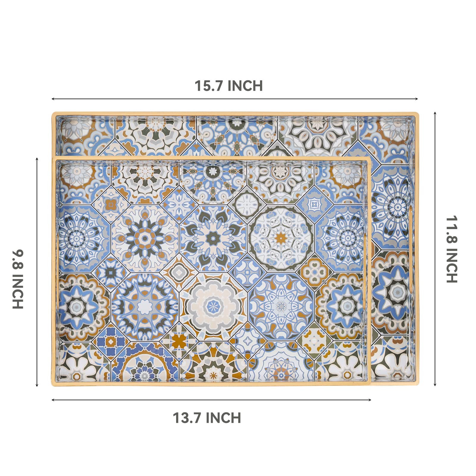 2 Pack Large Boho Serving Trays with Handles - Decorative Ottoman Tray for Coffee Table, Living Room, Bedroom | Blue Bohemian Style Tray for Entertaining, Breakfast in Bed, Spa Day & Home Decor