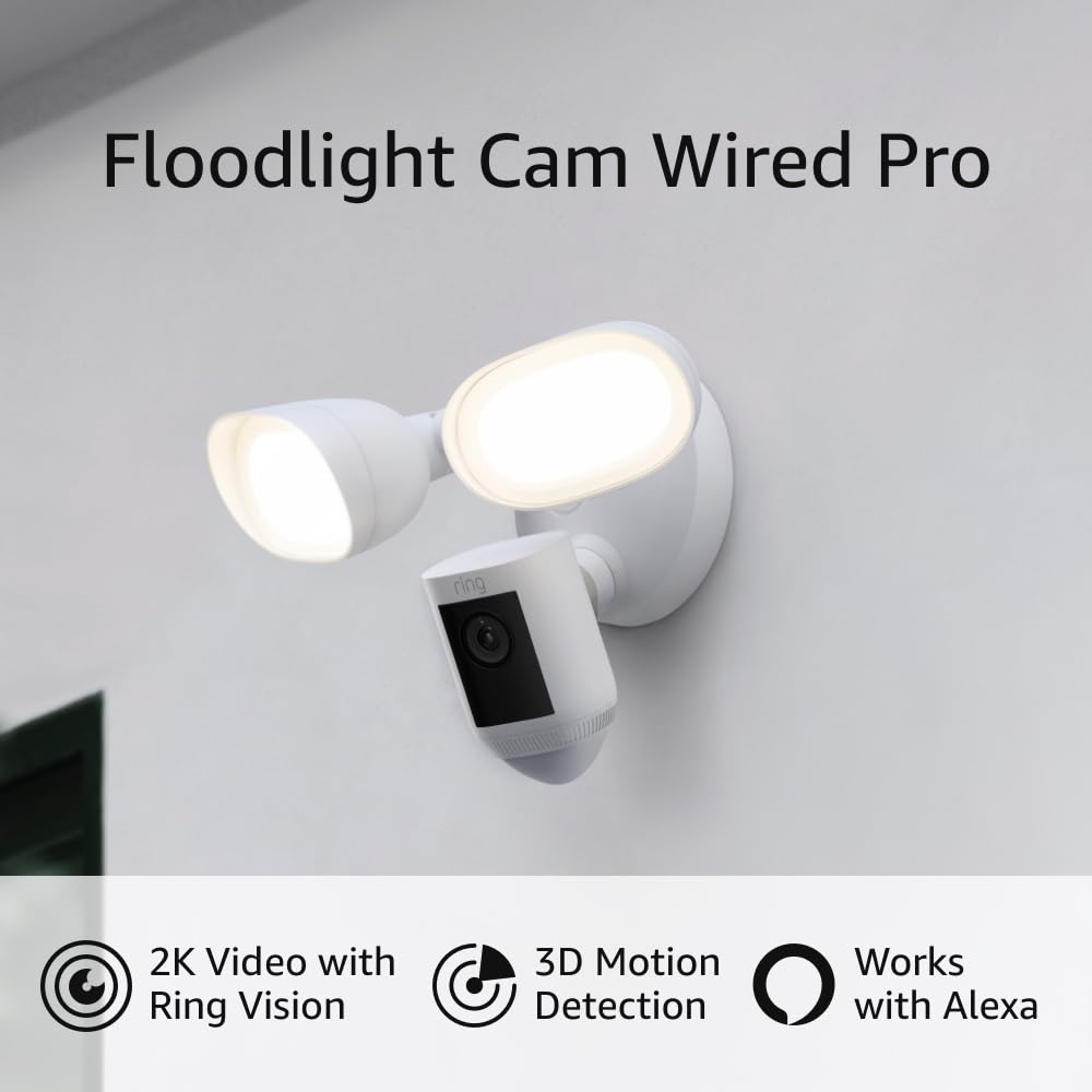 Like-New Ring Floodlight Cam Wired Pro with Bird’s Eye View & 3D Motion Detection (2021) - White | Outdoor Security Camera for Home Protection, Garage & Backyard Surveillance