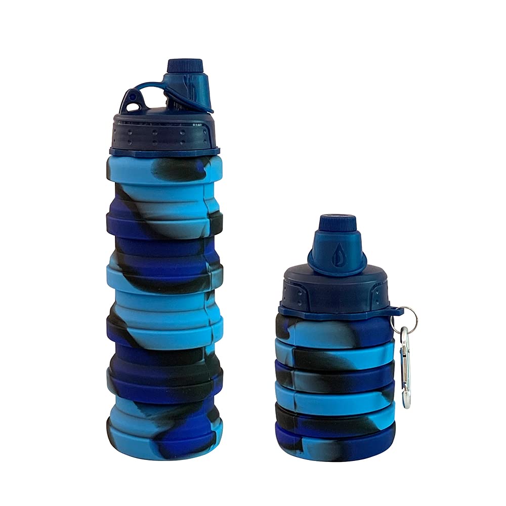 Collapsible Water Bottle 500ml - Leak Proof, BPA Free, Reusable Silicone Travel & Hiking Water Bottle with Twist Cap (Blue Camouflage) - Perfect for Outdoor Adventures, Gym, Camping and Daily Use