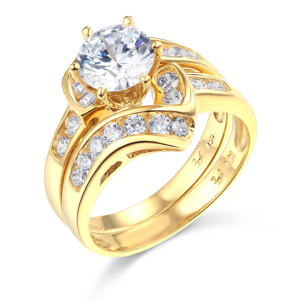 14K Solid Yellow Gold Wedding Engagement Ring and Band 2-Piece Set - Size 7 - Perfect for Proposals, Anniversaries & Bridal Jewelry Gifts