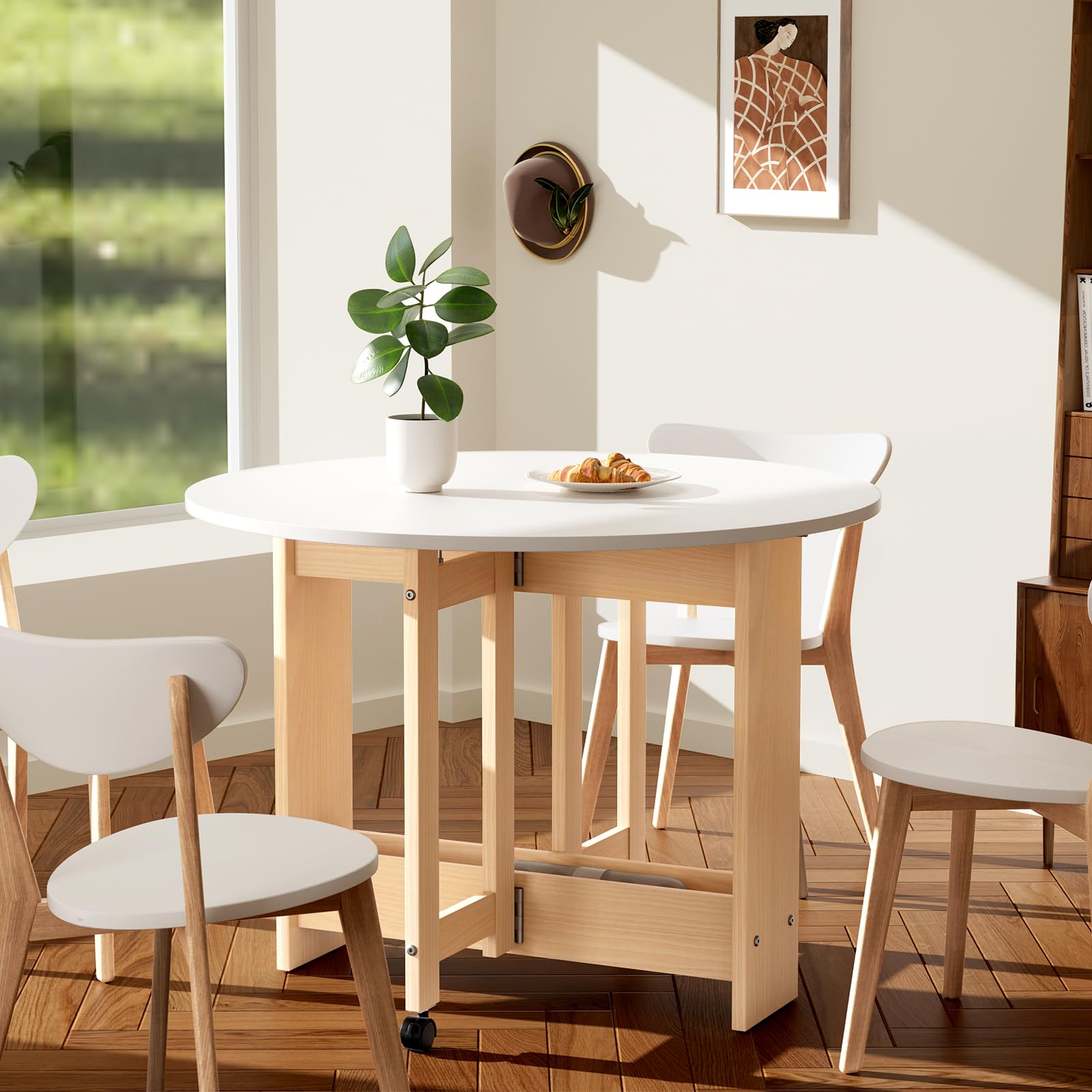 Round Drop-Leaf Folding Dining Table - Space Saving Extendable Convertible Table with Storage Box & Wheels - White Kitchen Farmhouse Living Room Furniture - Perfect for Small Spaces, Apartments & Multi-Purpose Rooms