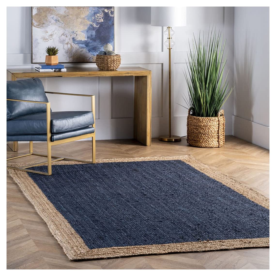 Handmade Solid Bordered Jute Rug - 8'x8' Natural Fiber Area Rug with Navy Border | Thick Braided Rustic Floor Mat for Living Room, Bedroom & Boho Decor | Eco-Friendly Magic Fold Design