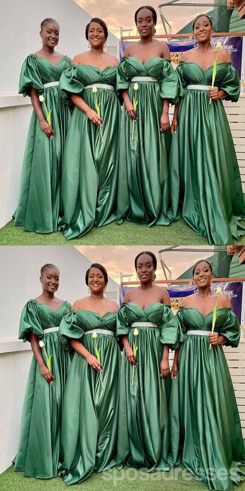 Elegant Green A-Line Off-Shoulder Half Sleeve Bridesmaid Dress - WG1625 | Affordable Long Formal Gown for Weddings, Parties & Special Occasions