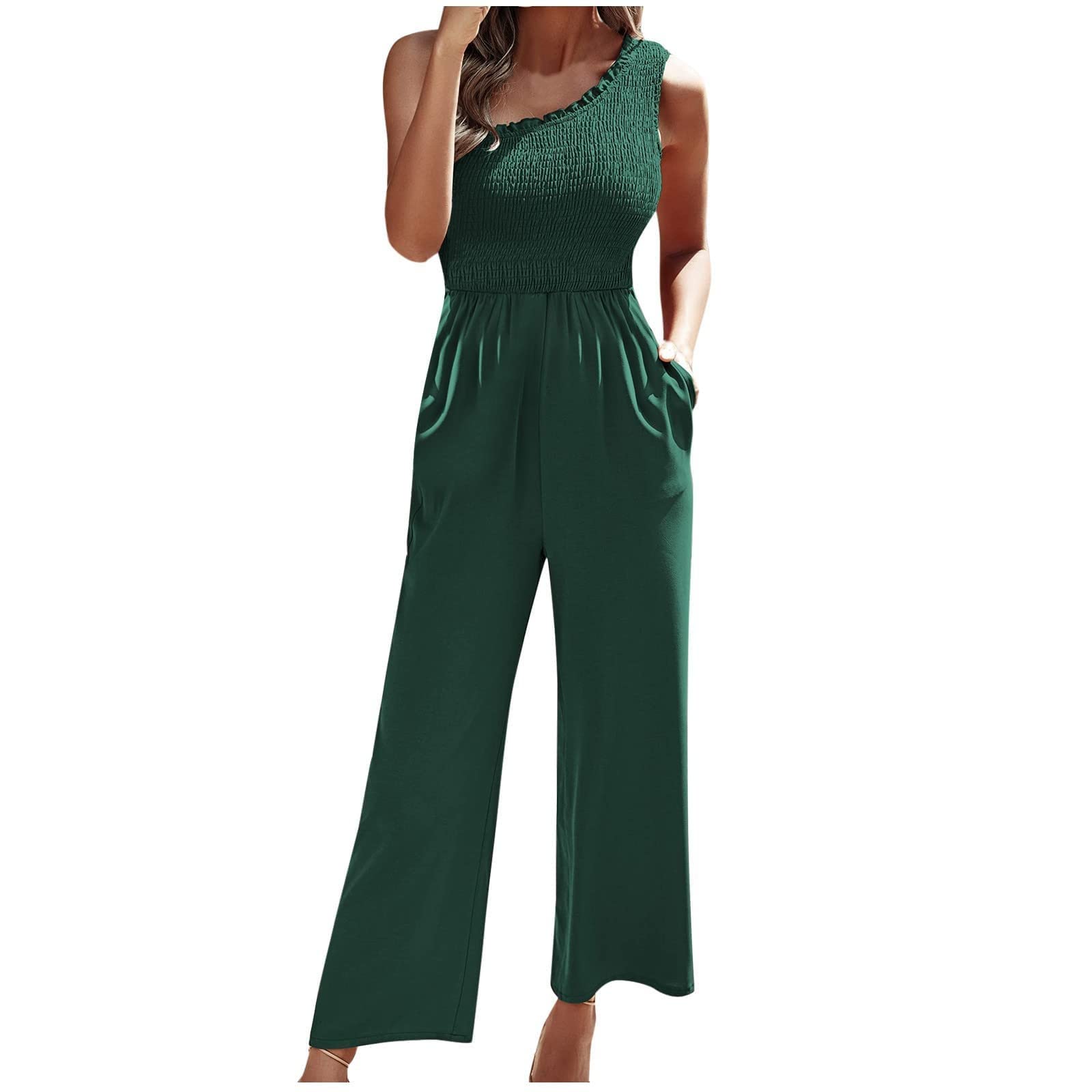 Messigaot Women's One Shoulder Jumpsuit - Elegant Shirred Pleated High Waist Wide Leg Romper with Pockets for Casual Wear | Perfect for Summer Outings, Beach Vacations and Date Nights