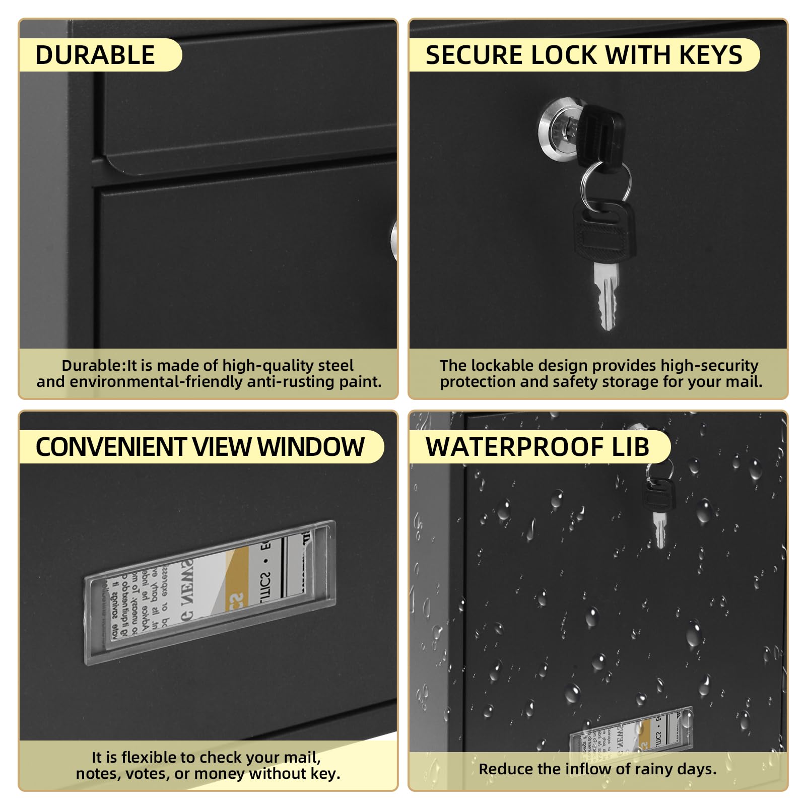 Secure Locking Wall Mount Mailbox for Outside - Large Capacity Steel Metal Postbox with Key & 3 Sets 0-9 Numbers (13.8