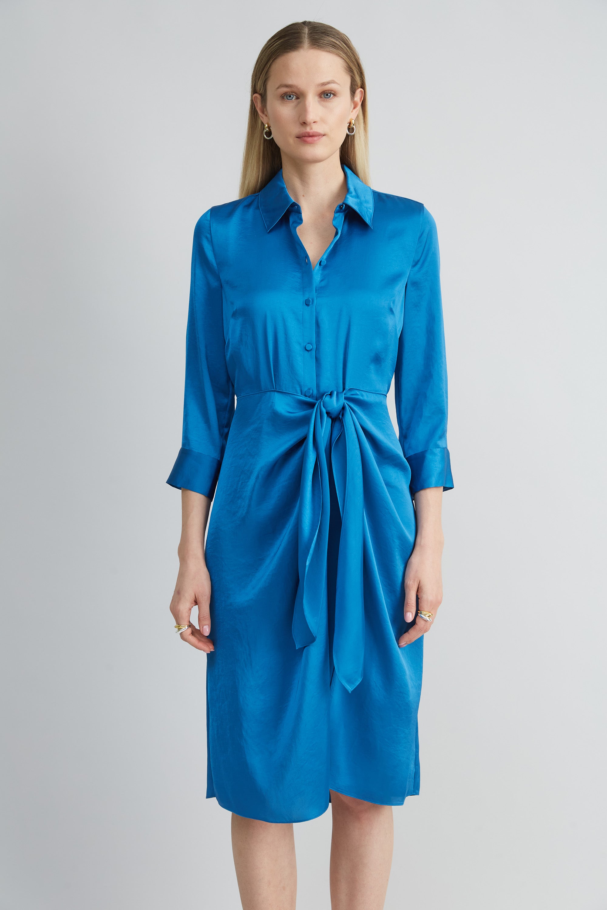 Elegant Satin Tie-Front Shirt Dress for Women - Stylish & Comfortable Office Wear & Casual Outfit