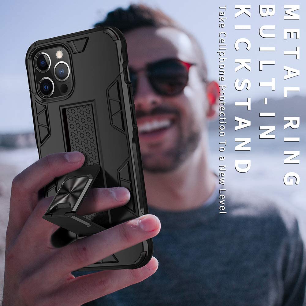Military Grade Shockproof iPhone 12 Pro Max Case with Built-in Kickstand & Magnetic Car Mount | Tempered Glass Screen Protector Included | Rose Gold Protective Phone Cover for Work, Travel & Outdoor Activities