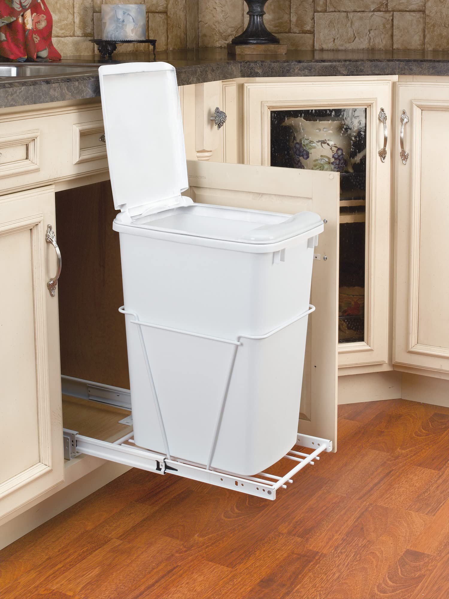 Rev-A-Shelf 35 QT Pull Out Trash Can with Lid - White | Under Sink Waste Bin for Kitchen Cabinet Organization | Space Saving Garbage Container for Home & Office Use
