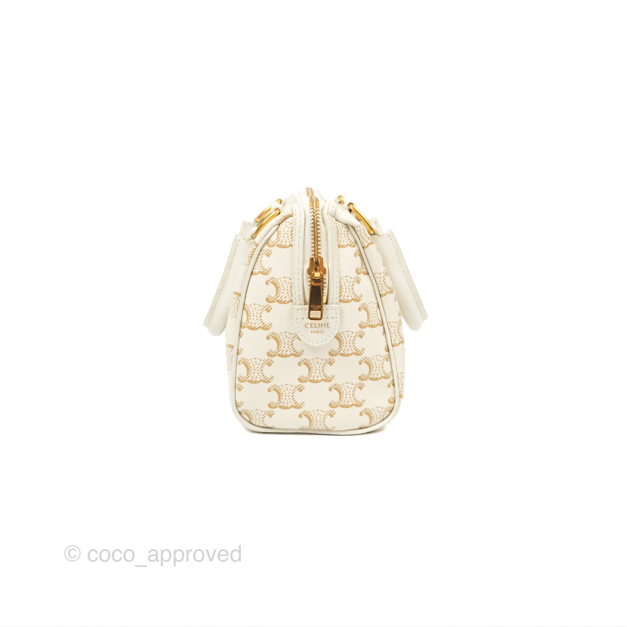 Celine Small Boston Bag in White Triomphe Canvas & Calfskin Leather - Perfect for Work, Travel & Everyday Luxury