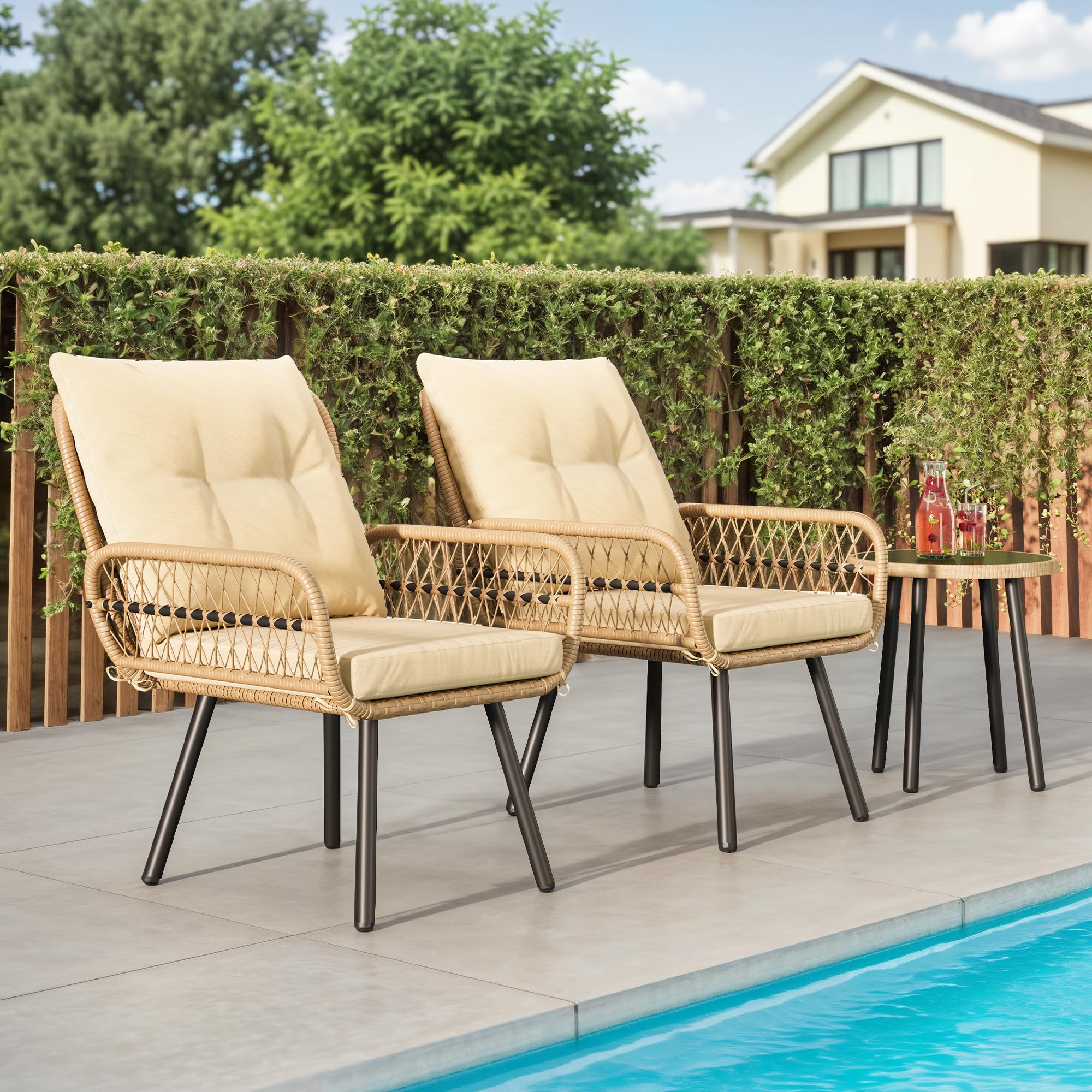 Ahomly 3-Piece Outdoor Patio Bistro Set - All-Weather Wicker Rattan Table & 2 Chairs with Coffee Table - Perfect for Backyard, Balcony, Poolside, Deck, Porch, Garden (Beige) - Ideal for Relaxing, Entertaining & Outdoor Dining