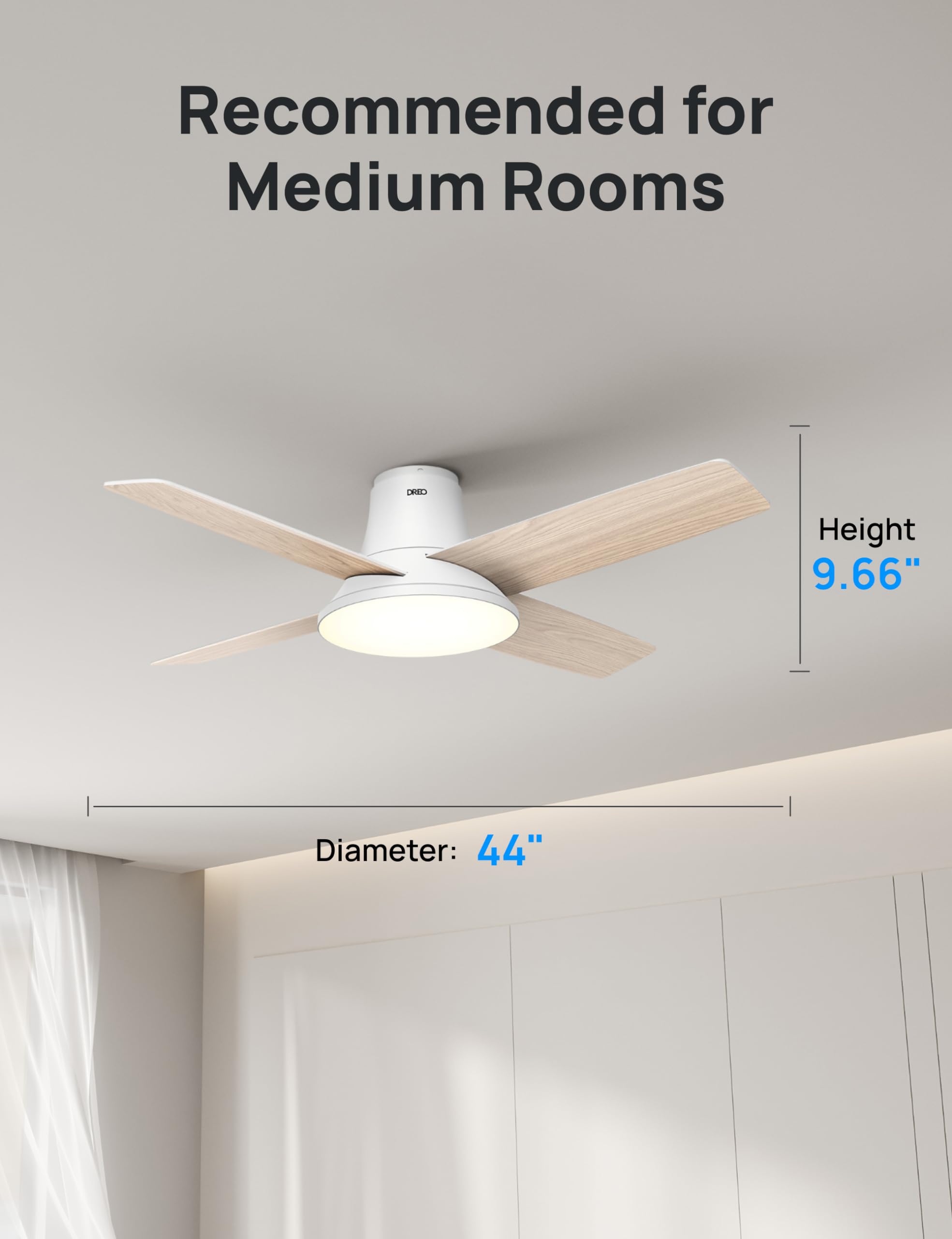 Dreo 44'' Smart Ceiling Fan with LED Light - 12 Speed Quiet DC Motor, 3 Modes, Remote Control & Dimmable Flush Mount Design - Perfect for Bedroom, Living Room & Home Office (White)
