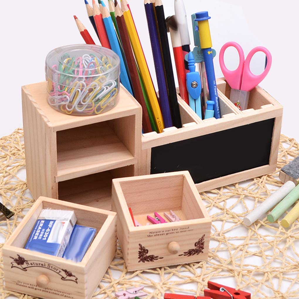 Premium Wooden Office Organizer with Drawer - Pencil Holder, Blackboard & Message Board for Desk Organization | Perfect for Home Office, Study Desk & Workspace Accessories