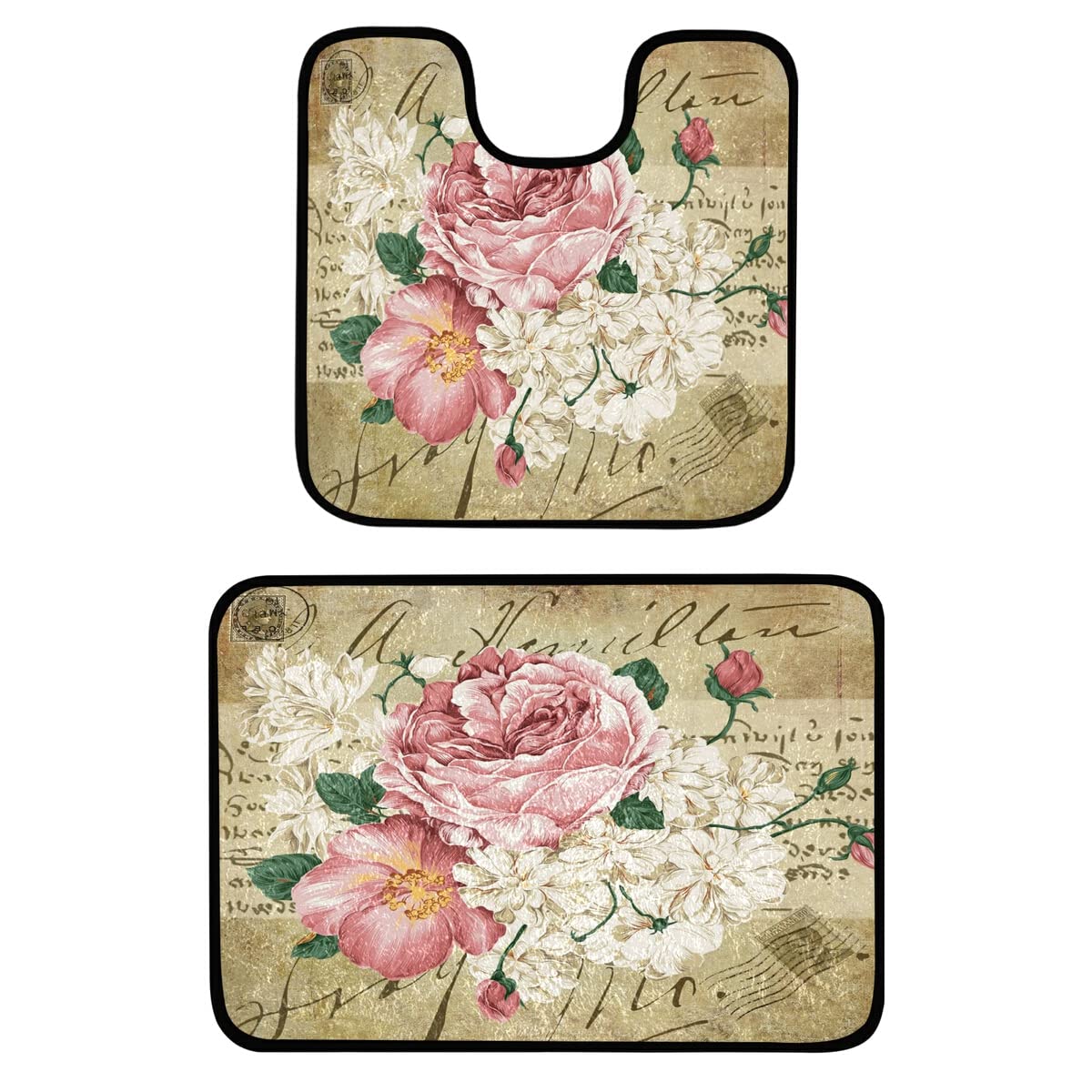 Vintage Shabby Chic Pink Rose Floral Bathroom Rug Set - 2 Piece Non-Slip Bath Runner & U-Shaped Contour Toilet Mat - Water Absorbent, Machine Washable - Perfect for Farmhouse, Cottage & Boho Style Bathrooms