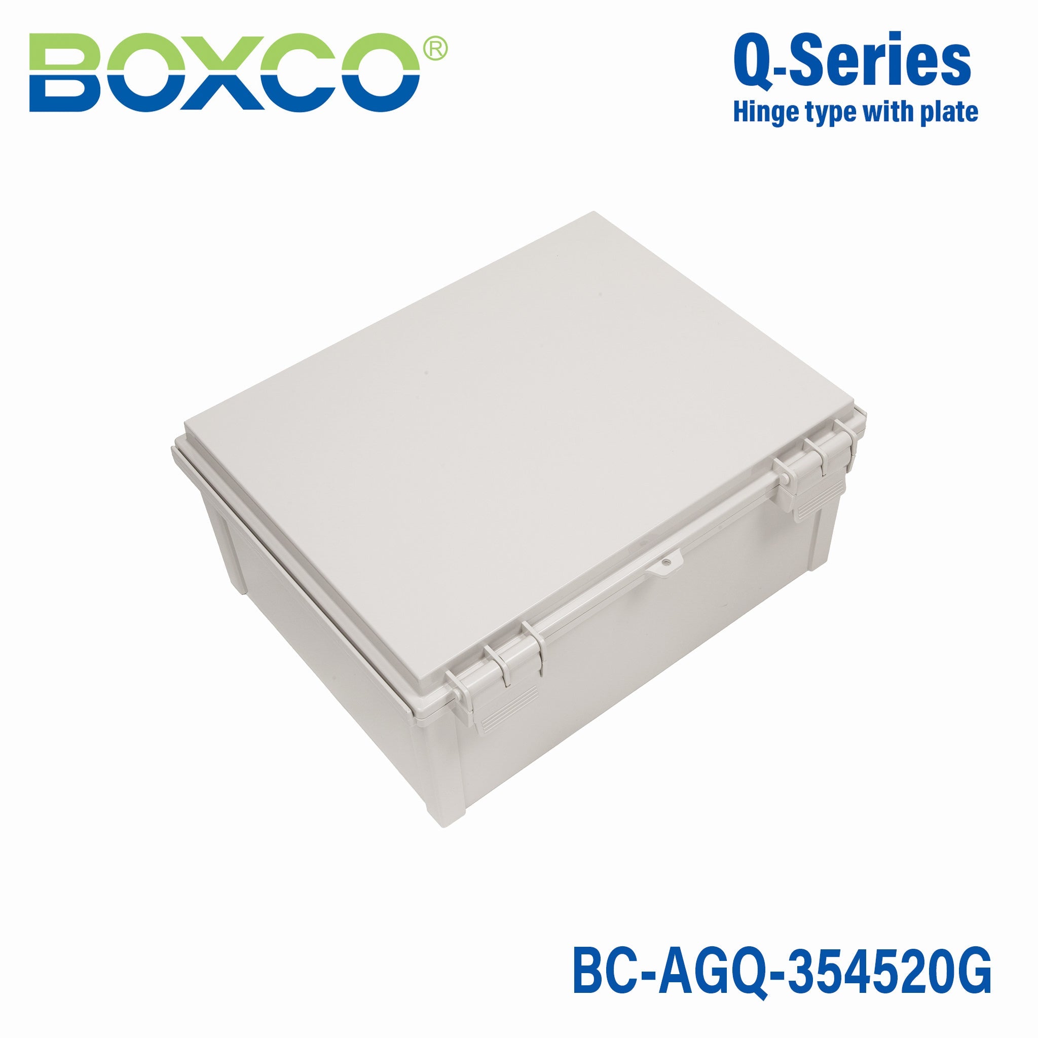 Boxco Q Series 13.78 x 17.72 x 7.87 Inches (350 x 450 x 200mm) Waterproof Plastic Enclosure - IP67 Rated, IK08 Impact Resistant, ABS Material with Grey Hinged Cover & Mounting Plate - Ideal for Outdoor Electrical Equipment & Industrial Control Box Protection