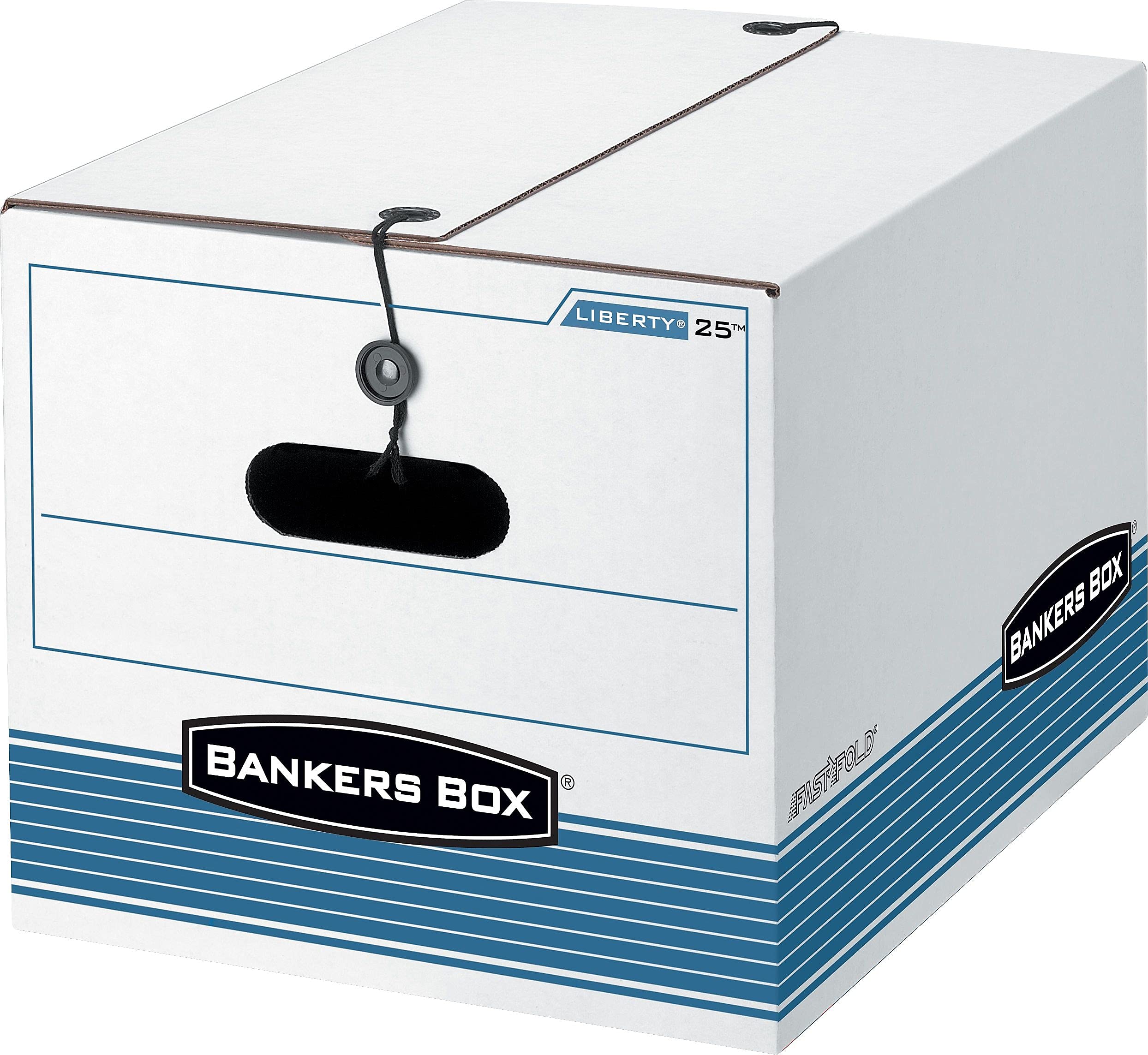 Bankers Box 0002501 STOR/FILE Storage Box - Legal/Letter Size, White/Blue, Tie Closure, 4-Pack - Perfect for Office Organization, Document Storage & Home Filing Systems