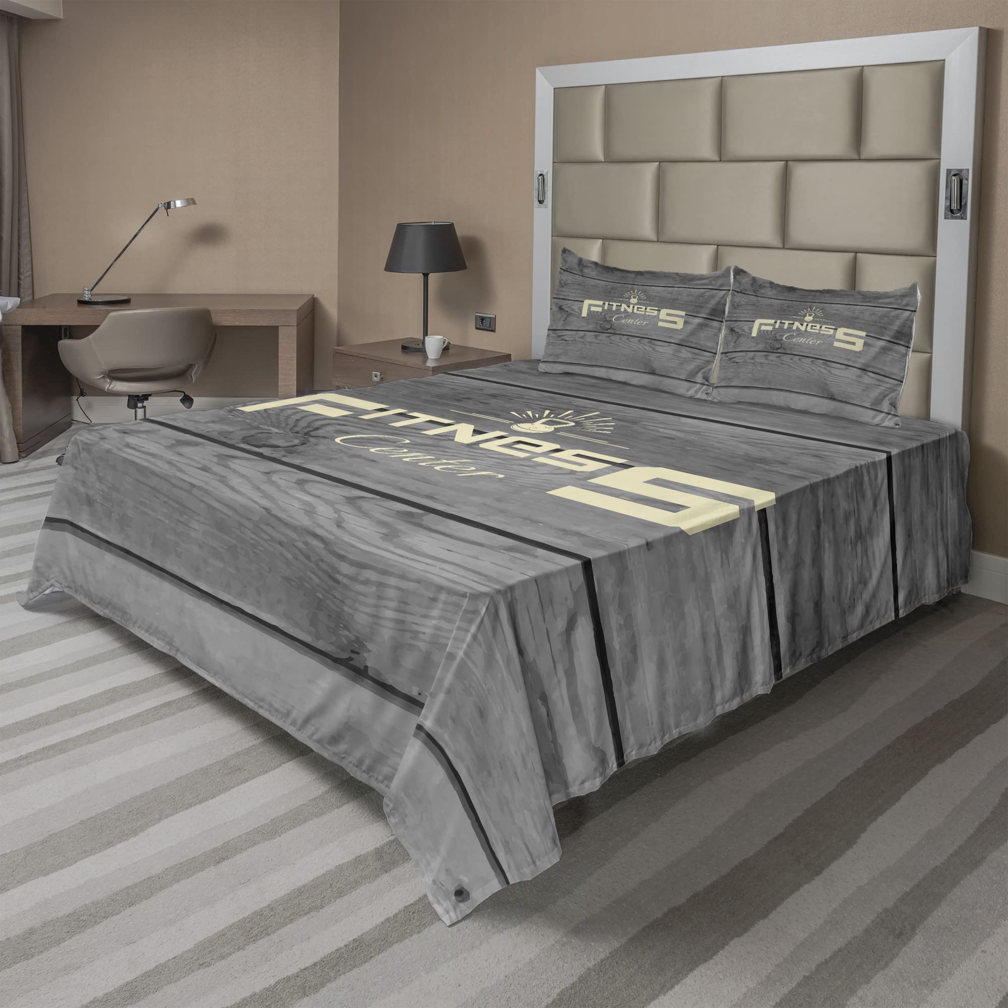 Ambesonne Fitness Sheet Set 4-Piece - Full Size Bedding with Fitted Sheet, Flat Sheet & Pillowcases - Pale Yellow Black Grey Gym Print - Perfect for Home Workout Rooms, Yoga Studios & Fitness Enthusiasts