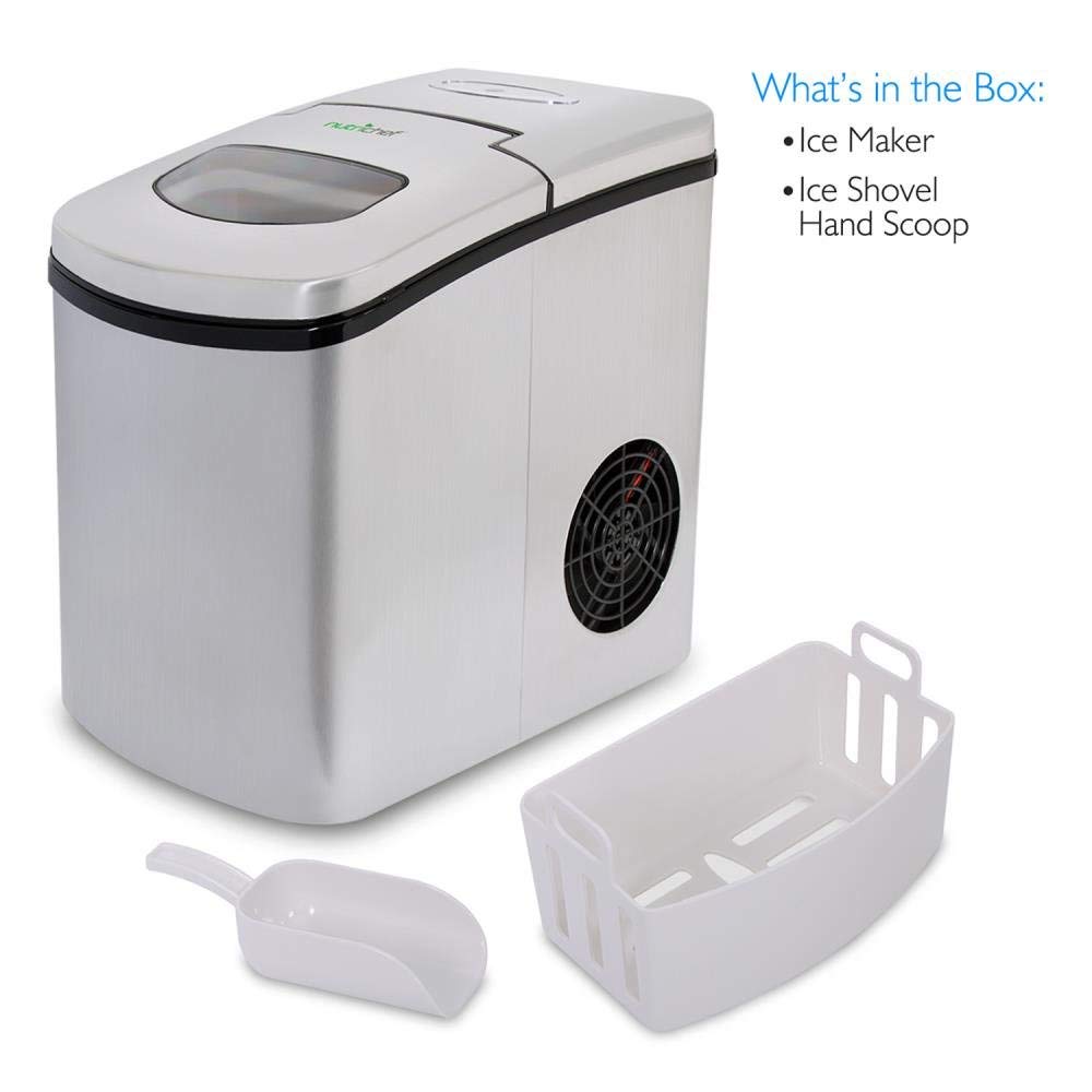 NutriChef Upgraded Digital Portable Ice Maker Machine - Heavy Duty Stainless Steel Countertop Ice Maker with Built-in Freezer, Oversized Bucket & LED Light - Perfect for Home, Office, Parties and Outdoor Events