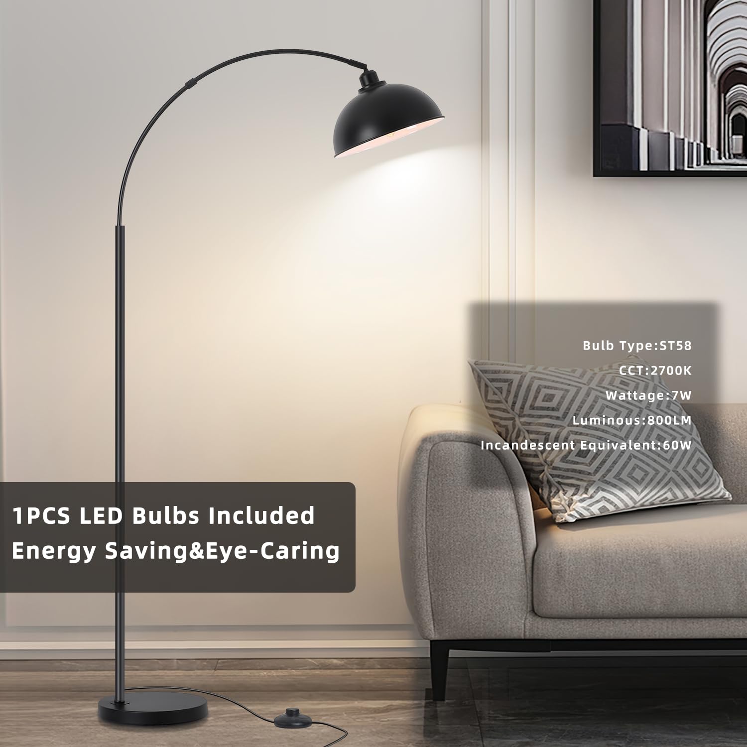 9MMML Arc Floor Lamp - Modern Farmhouse Industrial Standing Light with 360° Rotatable Arm & Metal Shade, Black Tall Lamp for Living Room, Bedroom, Office & Sofa Areas (Bulb Included) - Perfect for Reading, Working & Ambient Lighting
