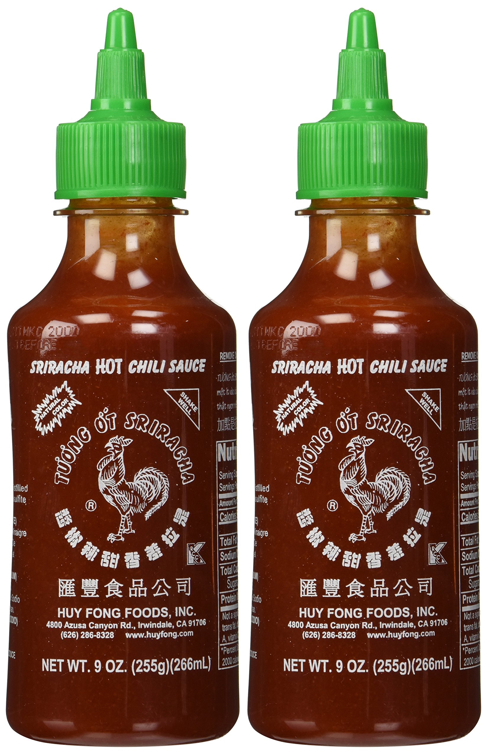 Huy Fong Sriracha Hot Chili Sauce - 9 Ounce Bottle (Pack of 2) | Spicy Asian Chili Garlic Sauce for Cooking, Dipping & Grilling - Perfect for Pho, Ramen, Tacos & Burgers