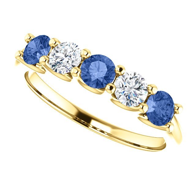 14K Gold Sapphire and Diamond Ring - 0.63 CTW Blue Sapphire & 0.30 CTW Diamond 5-Stone Wedding Band for Women, Perfect for Engagement, Anniversary and Special Occasions
