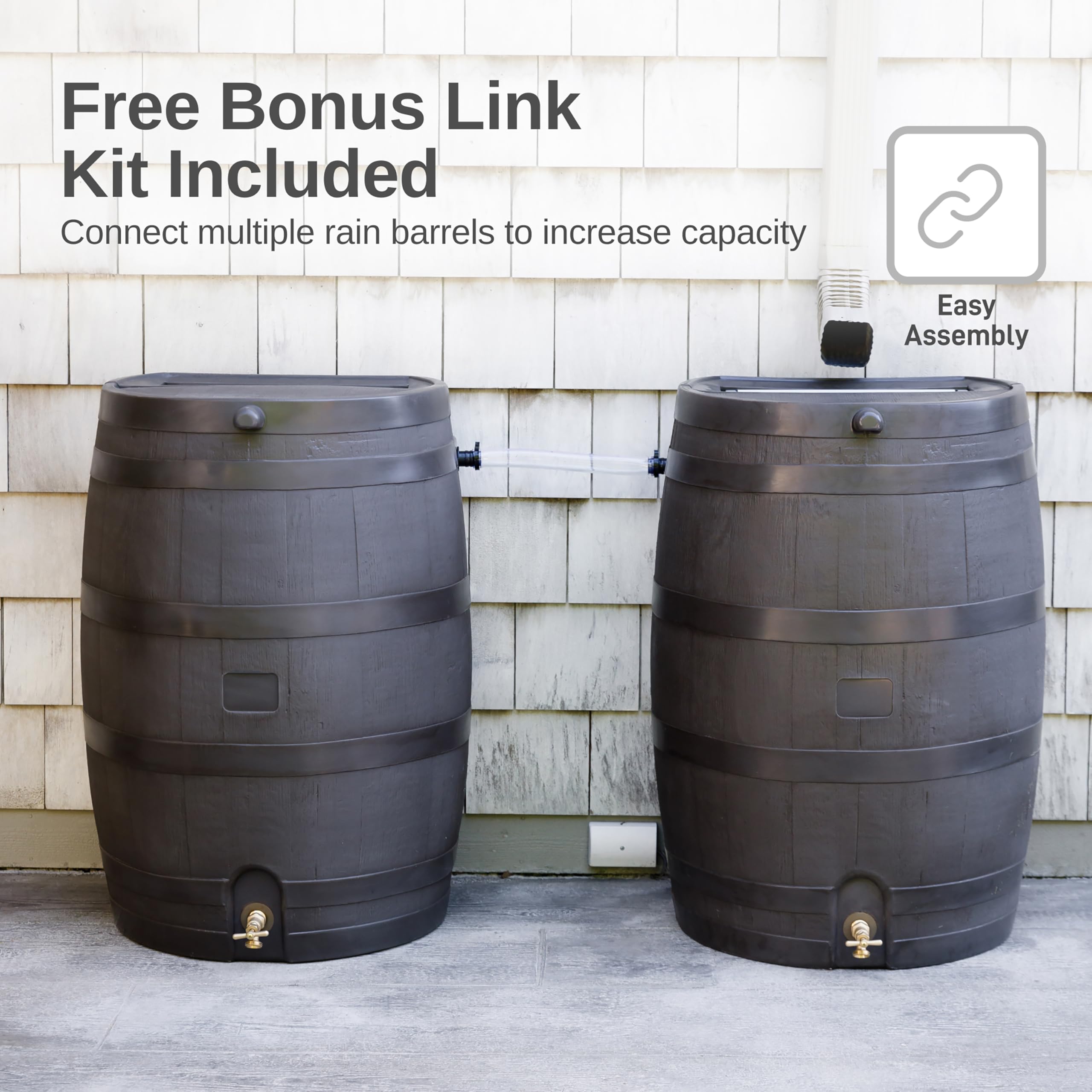 50-Gallon Flat Back Rain Barrel with Stand & Link Kit - Walnut Color (2 Pack) - Eco-Friendly Rainwater Collection for Garden, Lawn & Outdoor Use