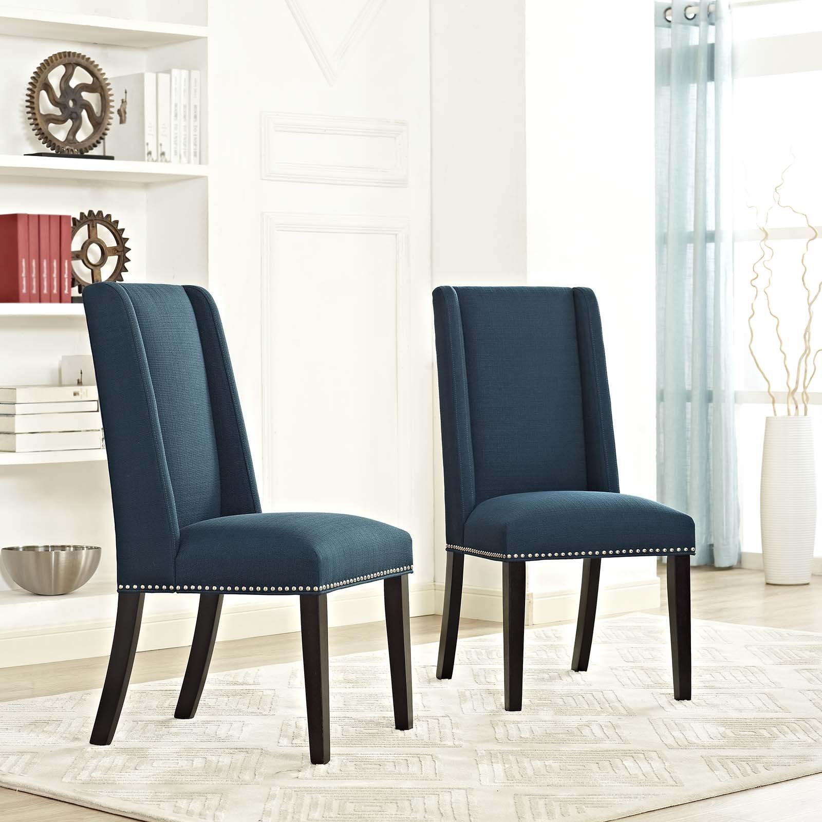 Modway Baron Modern Tall Back Wood Upholstered Fabric Dining Chairs Set of 2 in Azure Blue - Perfect for Kitchen, Dining Room & Home Office Seating