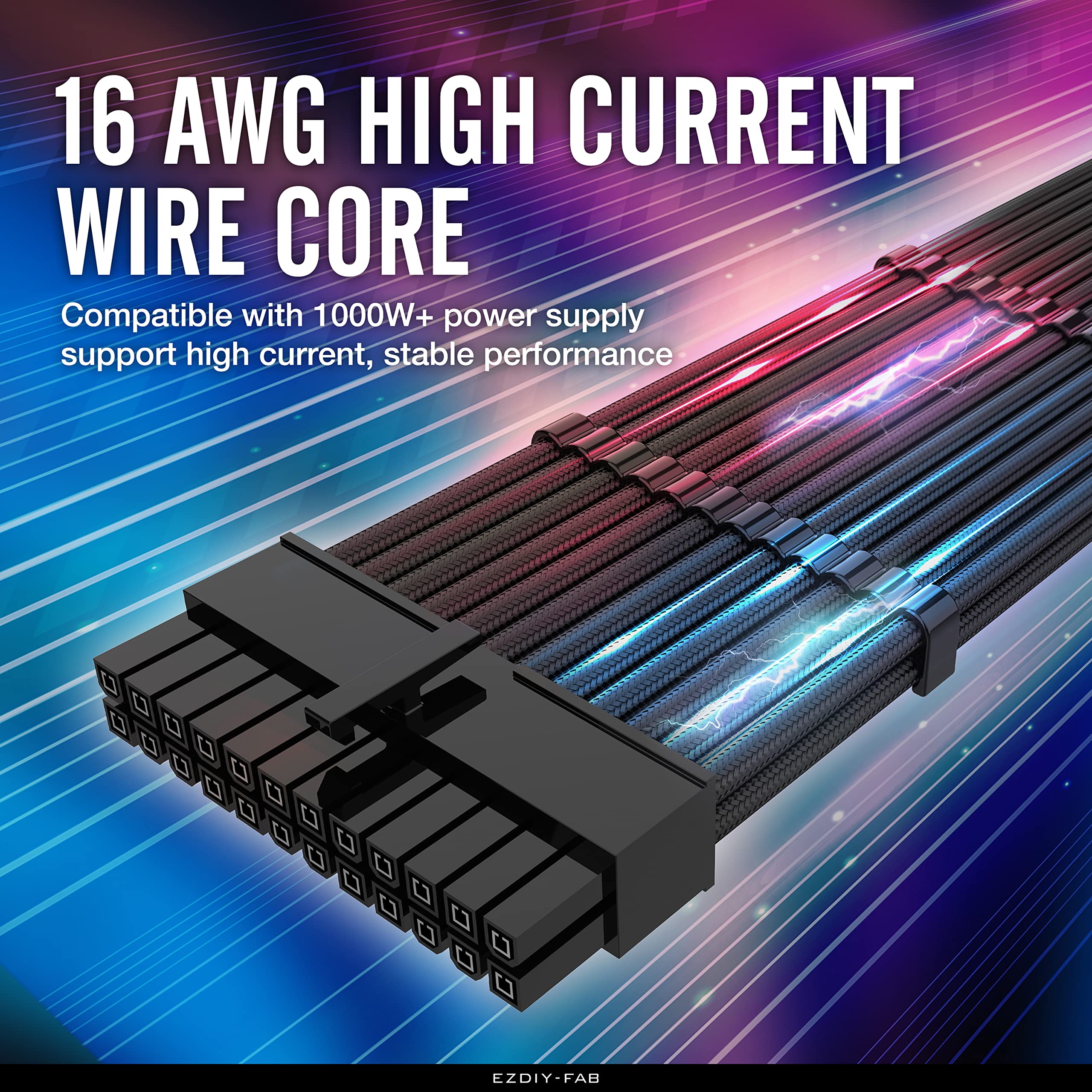 EZDIY-FAB Premium PSU Cable Extension Kit - 16 AWG Sleeved Cables (24-PIN, 8-PIN, 6-PIN, 4+4-PIN) with Cable Combs - Black | Custom Power Supply Upgrade for Gaming PC, Workstation & Custom Builds