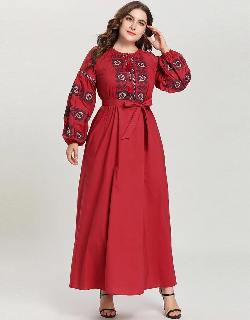 Elegant Embroidered Arabesque Abaya - Crimson Embrace Islamic Dress for Women | Perfect for Prayer, Special Occasions & Modest Fashion
