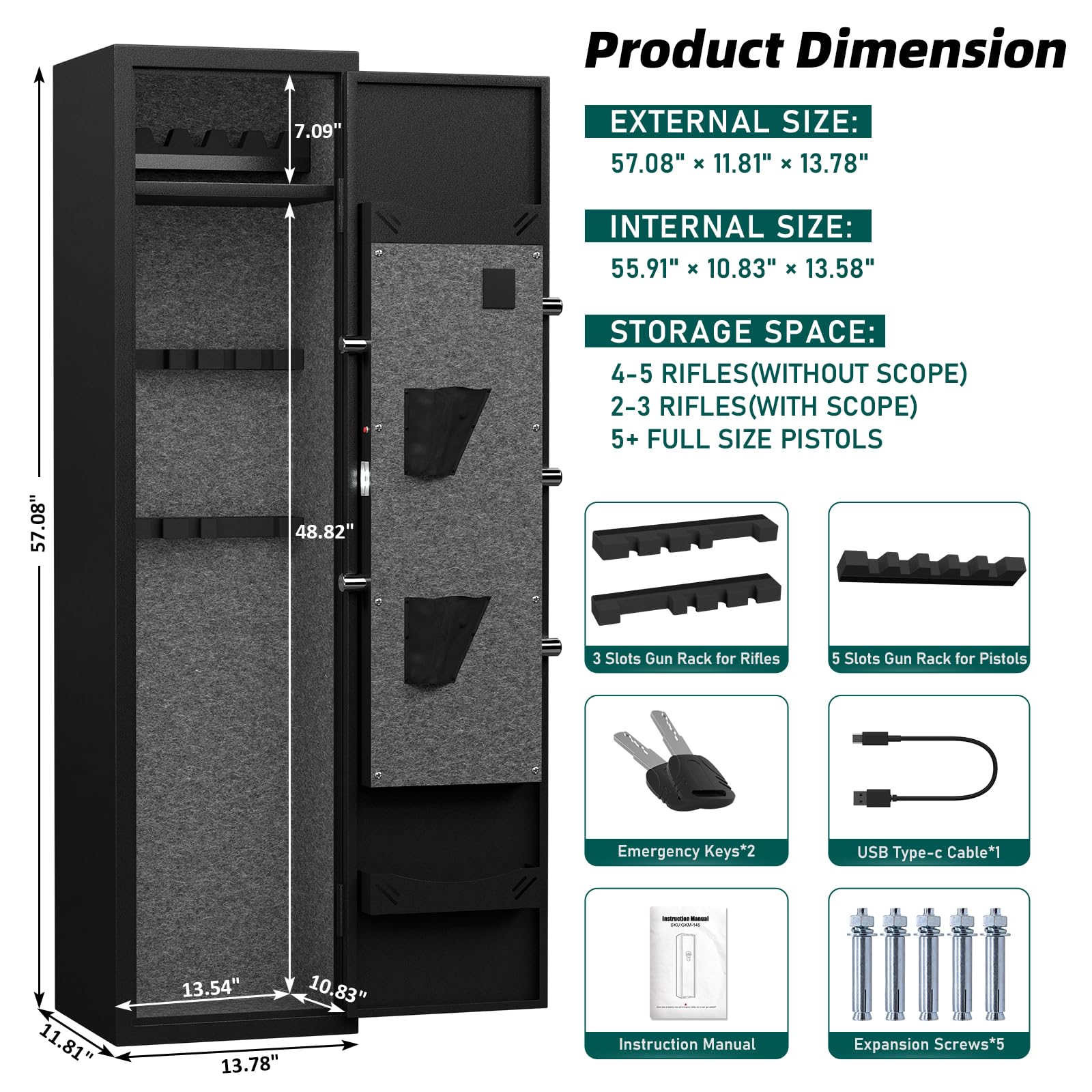 5-6 Rifle Gun Safe - Large Firearm Cabinet for Home Rifles & Shotguns | Quick Access Security Safe with LED Light & Adjustable Shelf | Perfect for Bedroom, Closet or Garage Storage