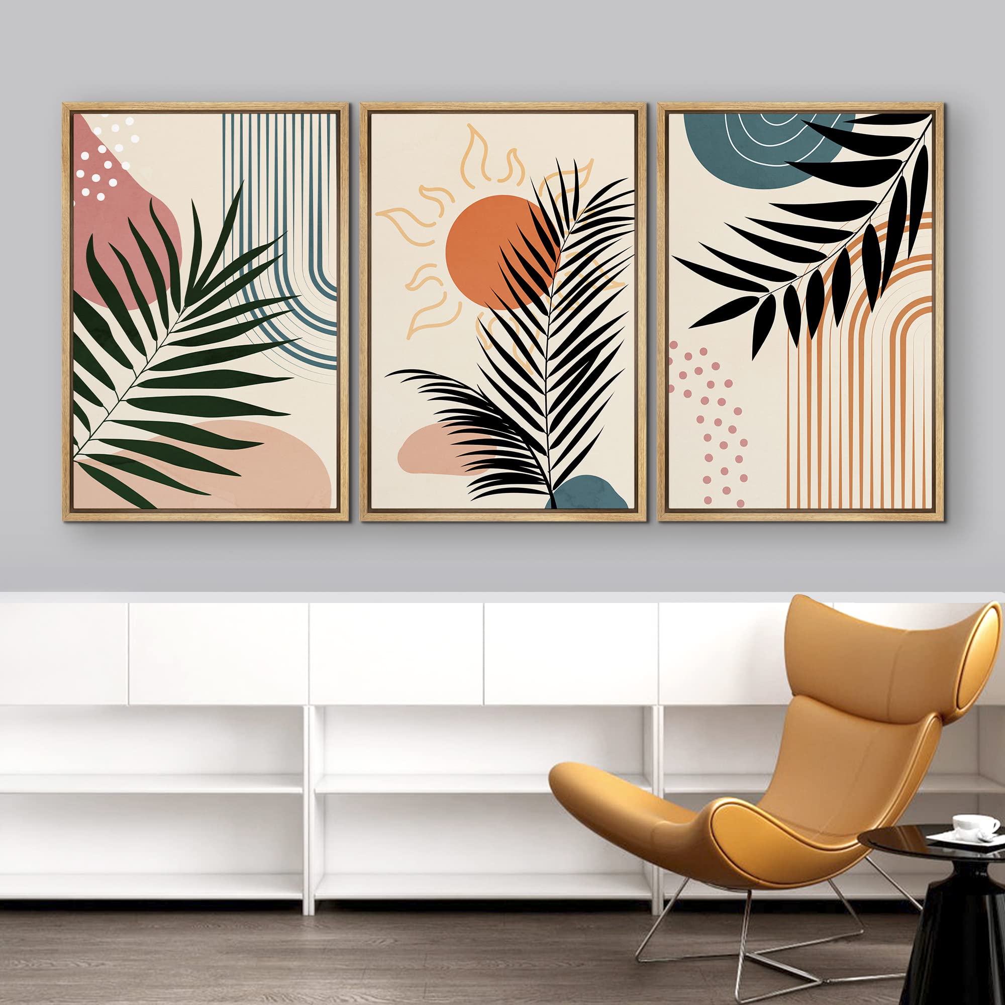 IDEA4WALL Framed Canvas Wall Art Set - Modern Geometric Jungle Leaf Abstract Nature Illustrations, Nordic Zen Decor for Living Room, Bedroom, Office - 24