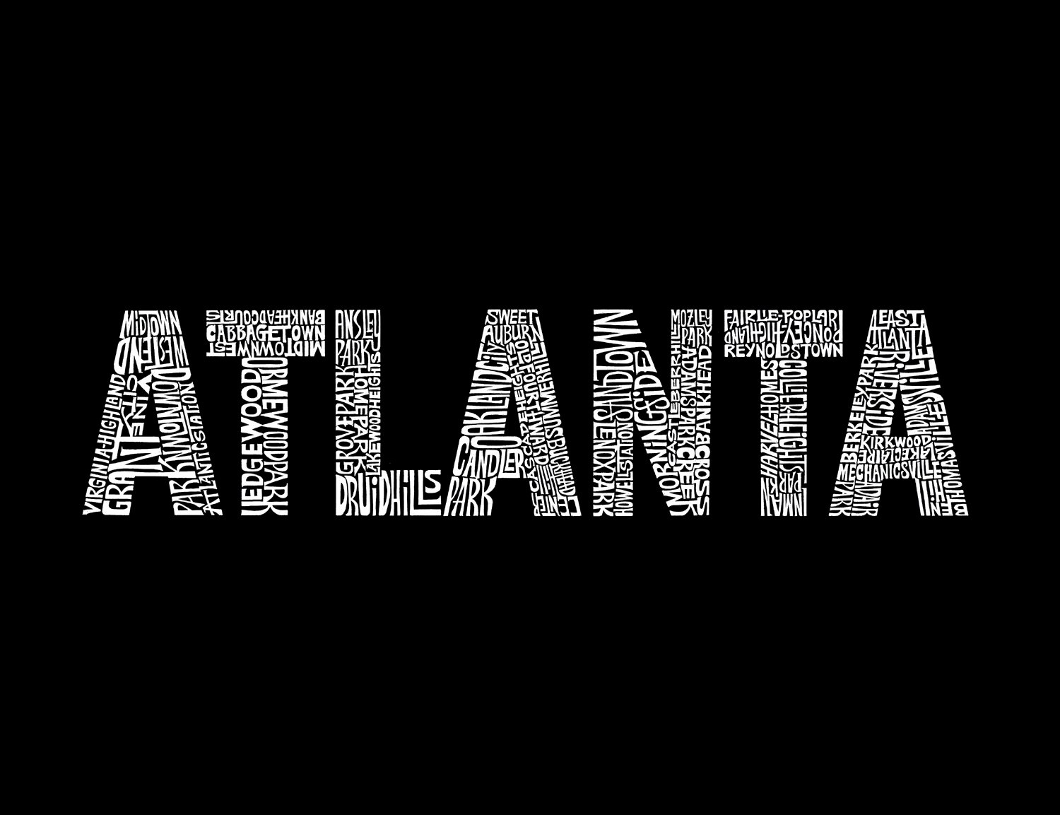 LA POP ART Atlanta Neighborhoods Word Art Large Black Tote Bag - Stylish & Spacious Shopper for Travel, Beach & Everyday Use