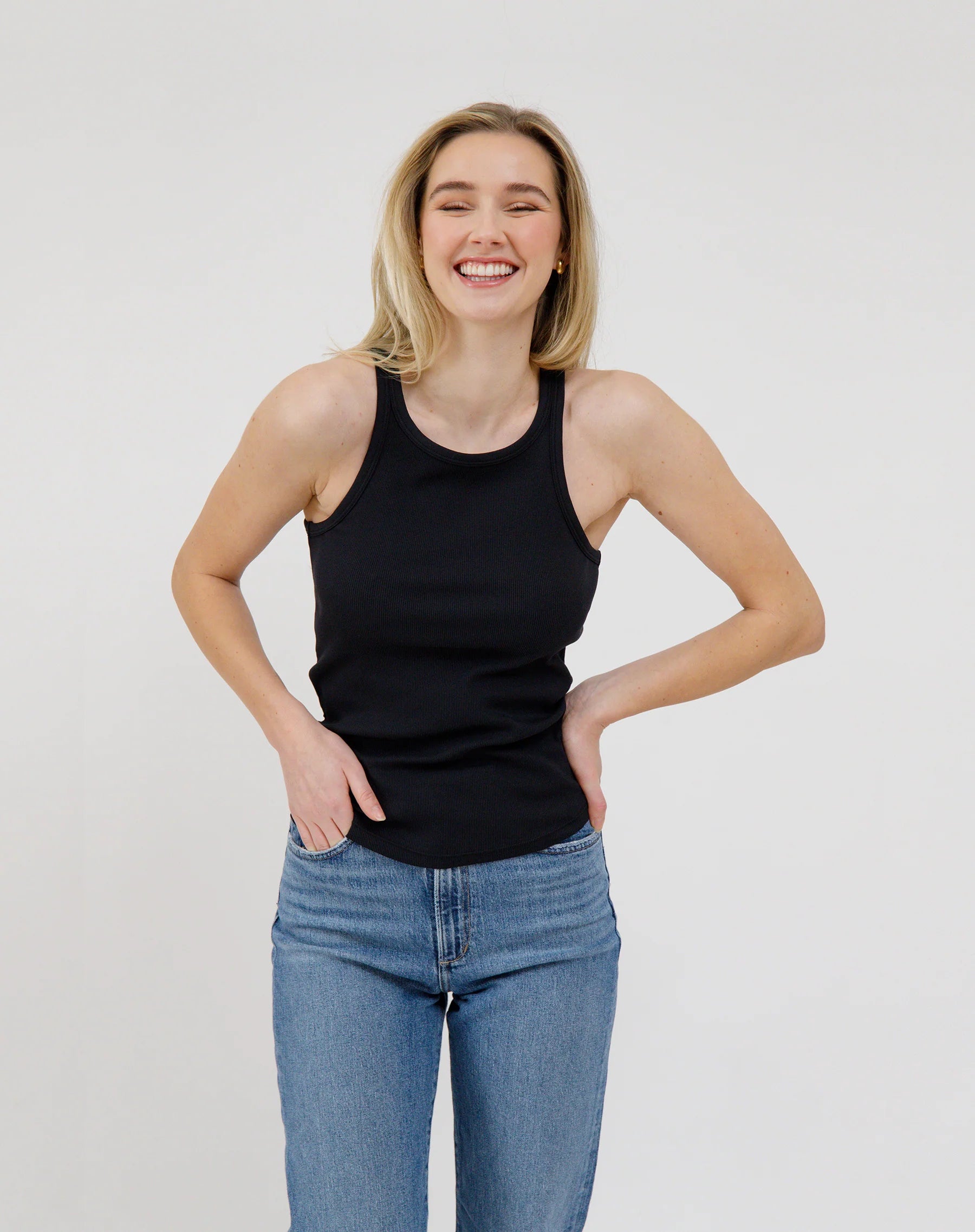 Brunette the Label Women's Ribbed Tank Top with Curved Hem - Soft Stretchy Casual & Layering Essential for Summer Outfits or Yoga Wear