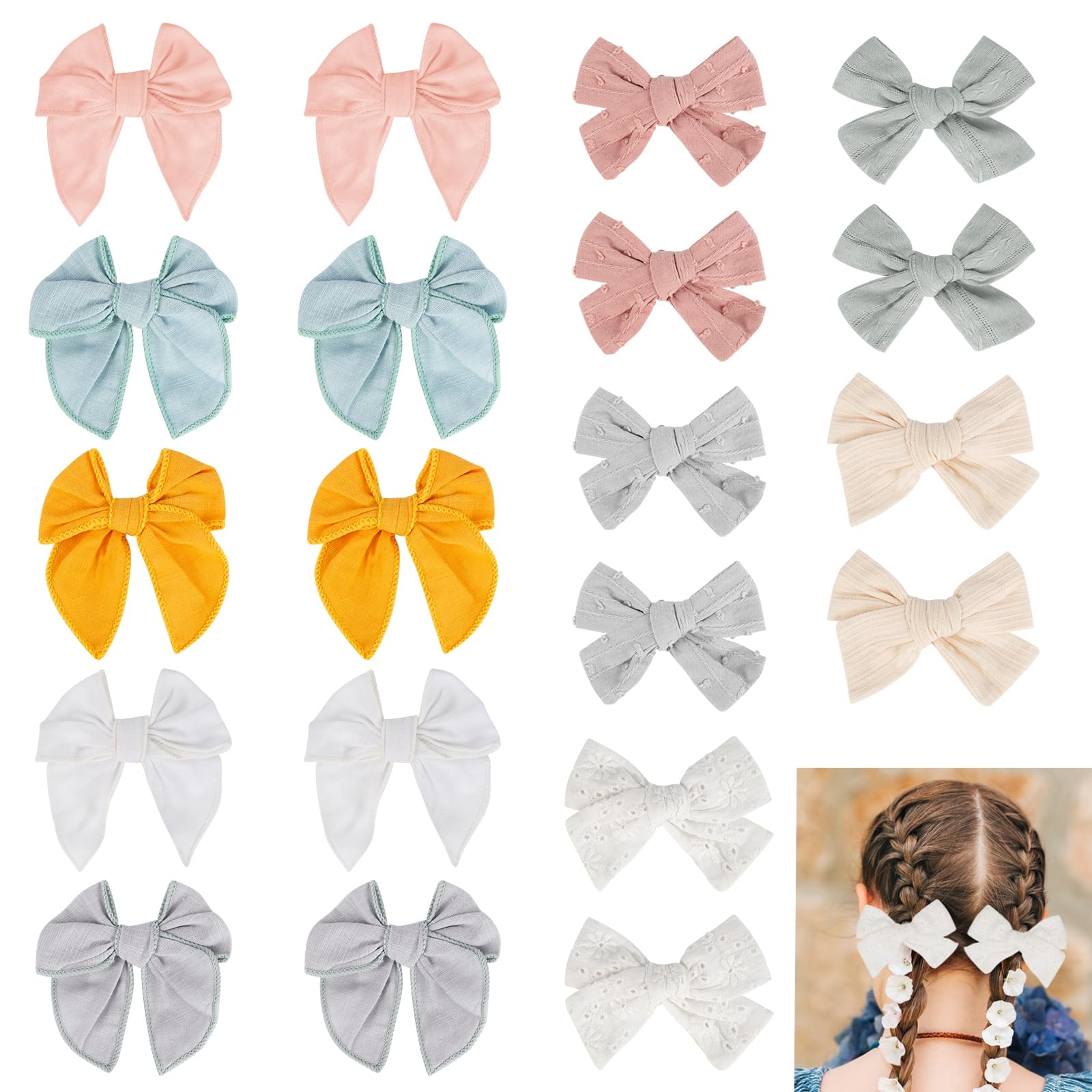 20PCS Baby Hair Bows Clips - Non Slip Alligator Clips for Girls, Handmade Linen Cotton Barrettes for Fine Hair (Infant Toddler Kids) - Perfect for Parties, Photos & Daily Outfits